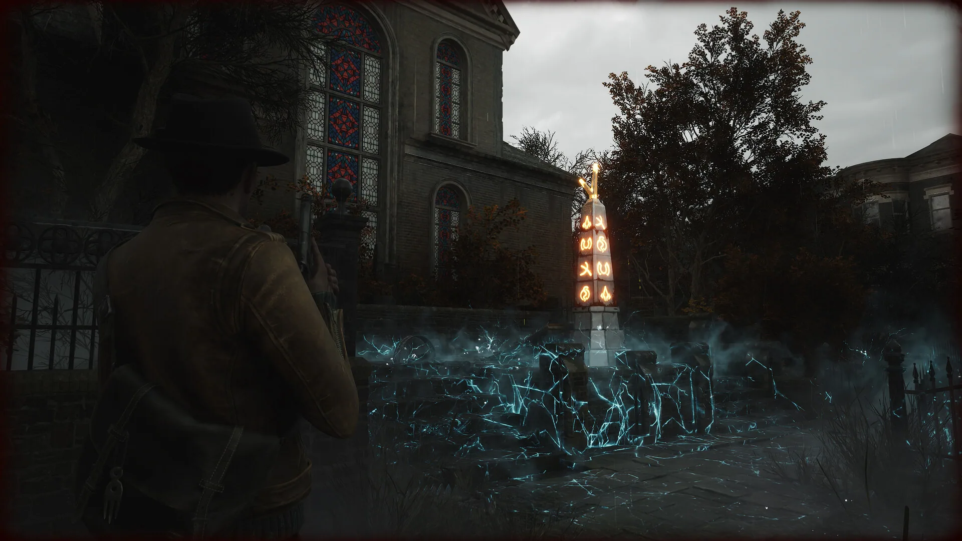 Calvin Rafferty faces a glowing rune obelisk and cracked blue-lit ground beside a church with stained-glass windows