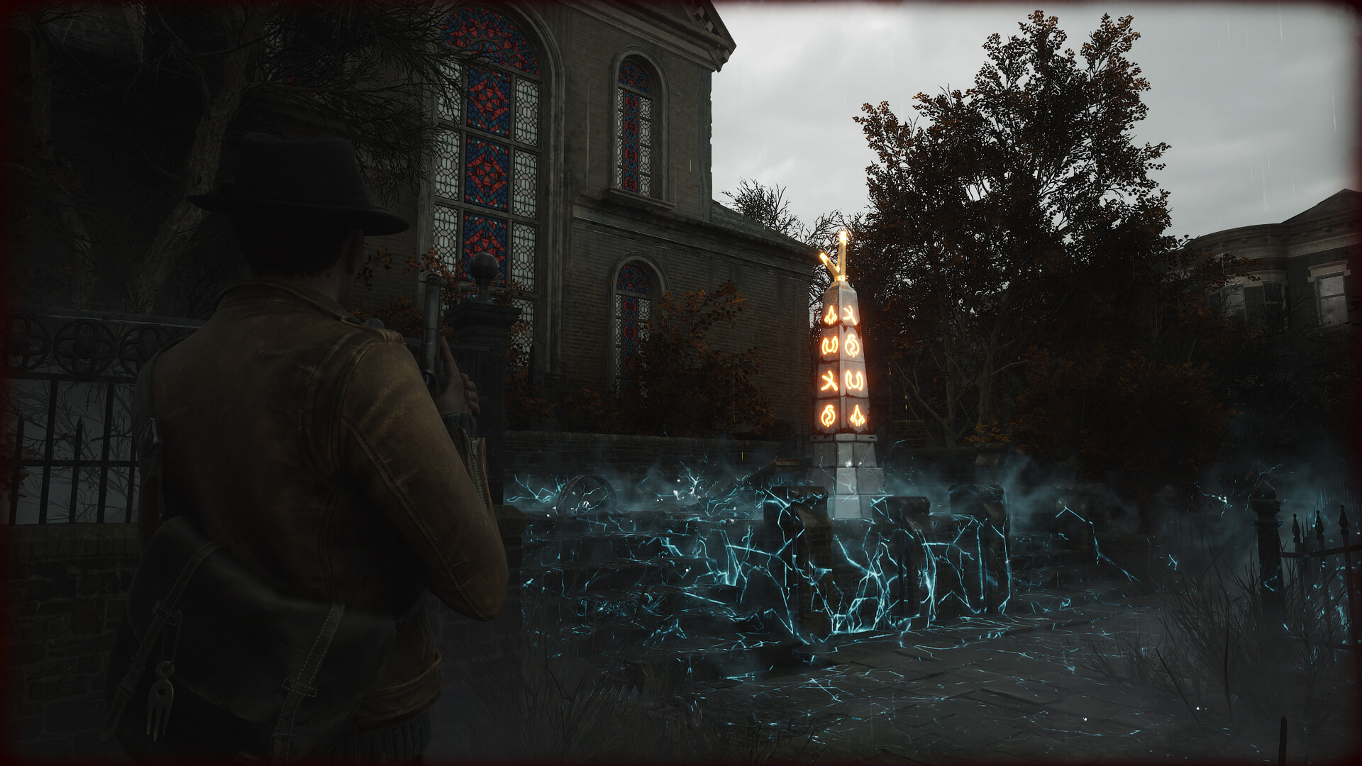 Calvin Rafferty faces a glowing rune obelisk and cracked blue-lit ground beside a church with stained-glass windows