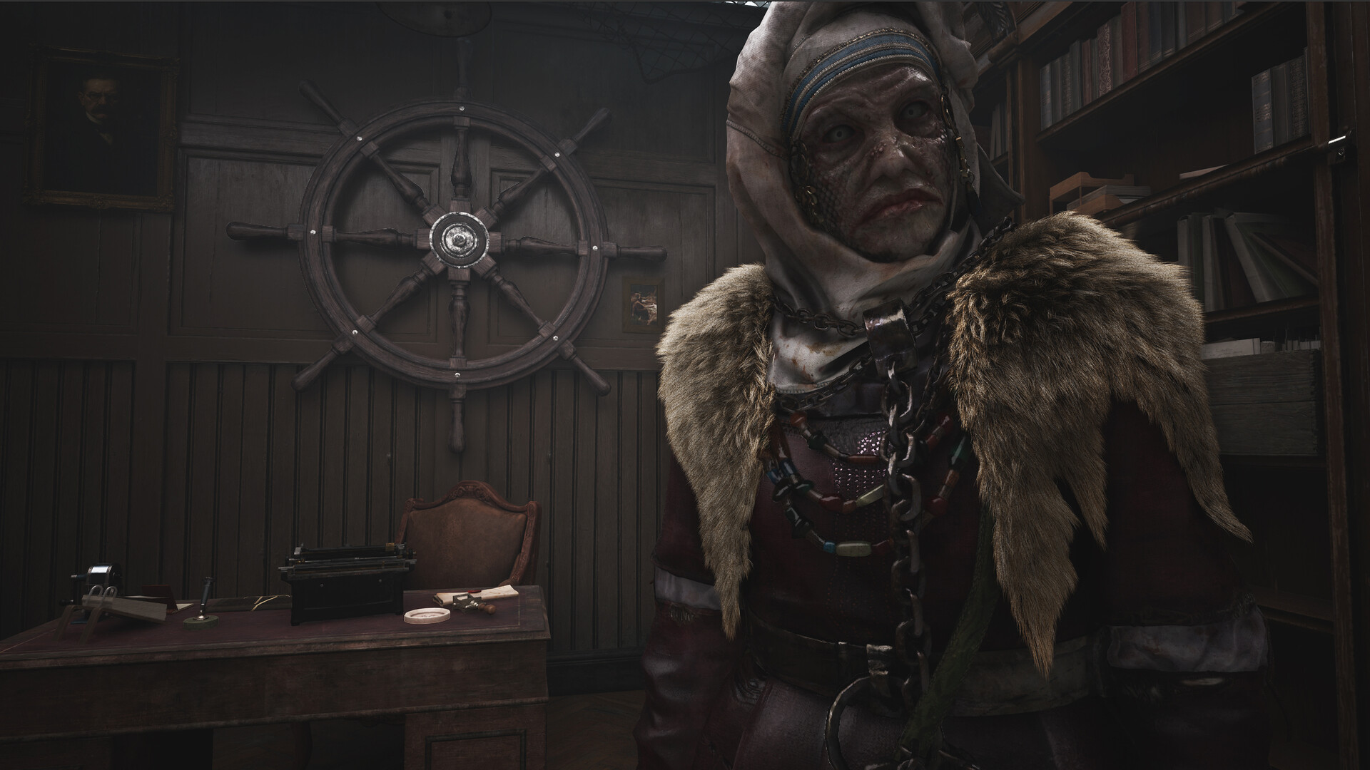 A fish-scaled woman in fur and beads stands in a wood-paneled office with a ship's wheel and typewriter