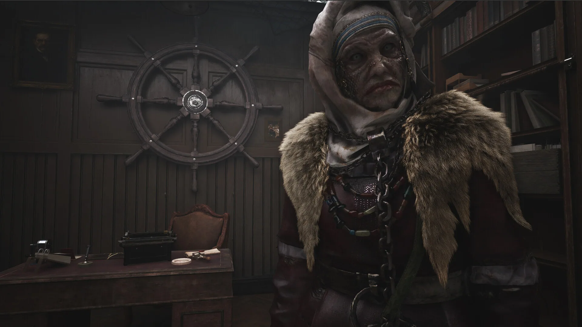 A fish-scaled woman in fur and beads stands in a wood-paneled office with a ship's wheel and typewriter