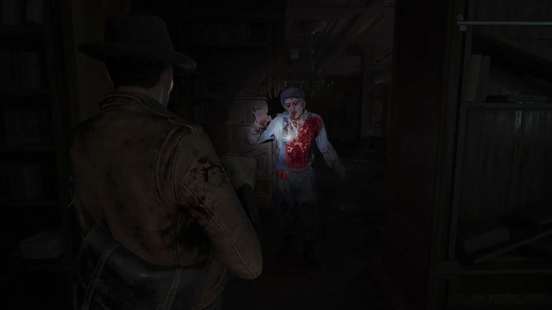 Calvin Rafferty confronts a bloodied man in a cap inside a dark wood-paneled room lined with bookshelves