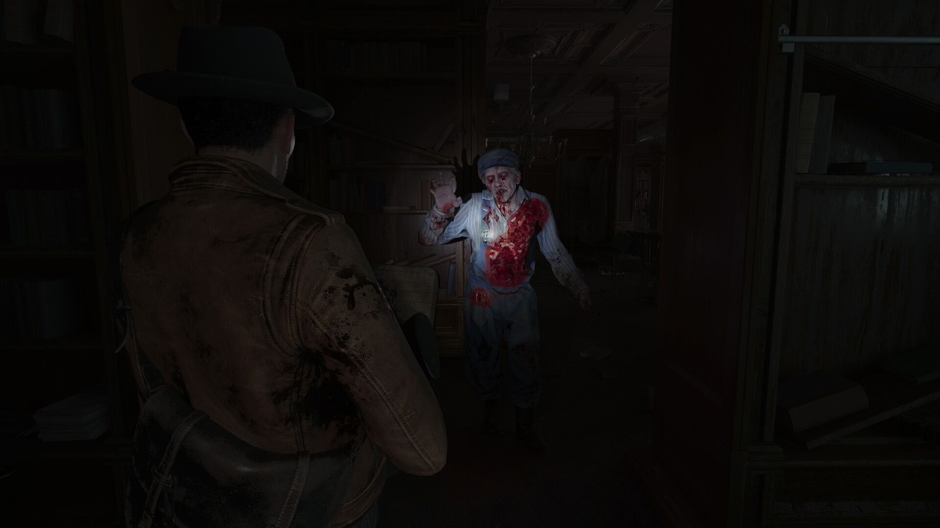 Calvin Rafferty confronts a bloodied man in a cap inside a dark wood-paneled room lined with bookshelves