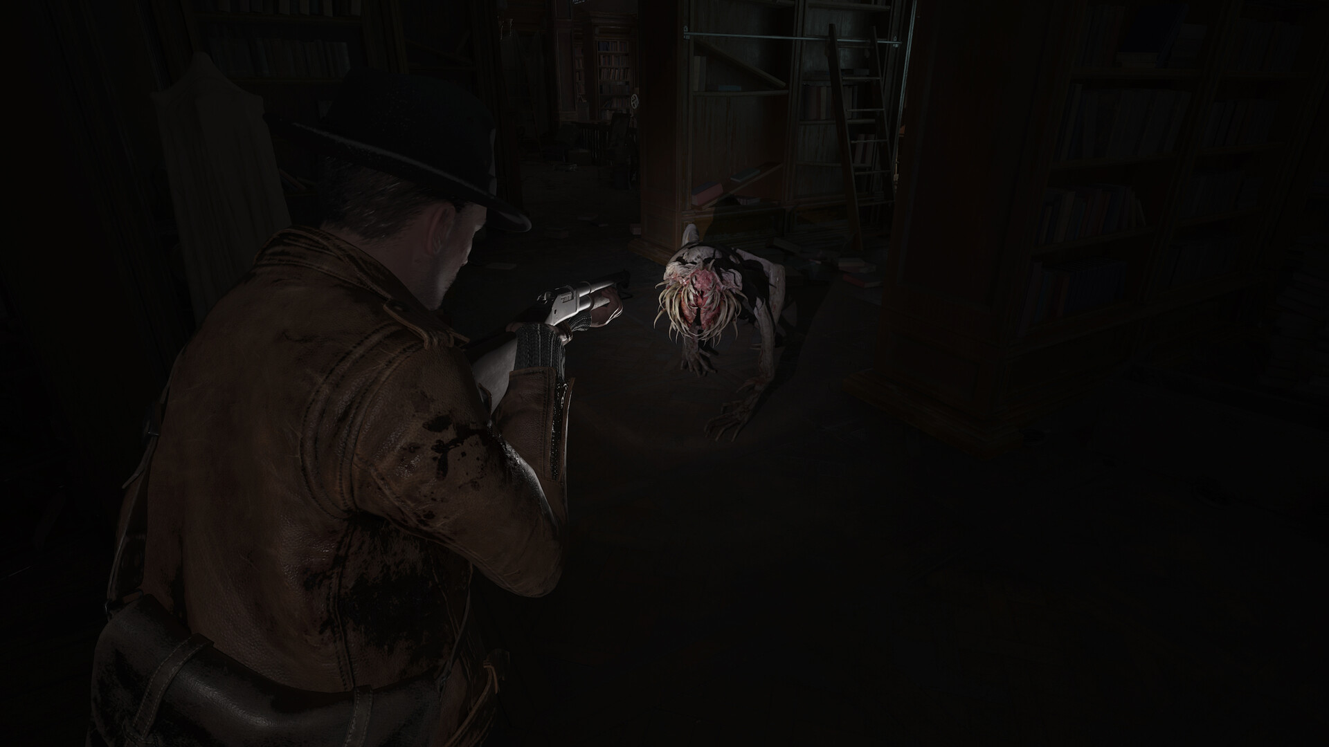 Calvin Rafferty aims a shotgun at a crawling, jaw-split creature among library shelves