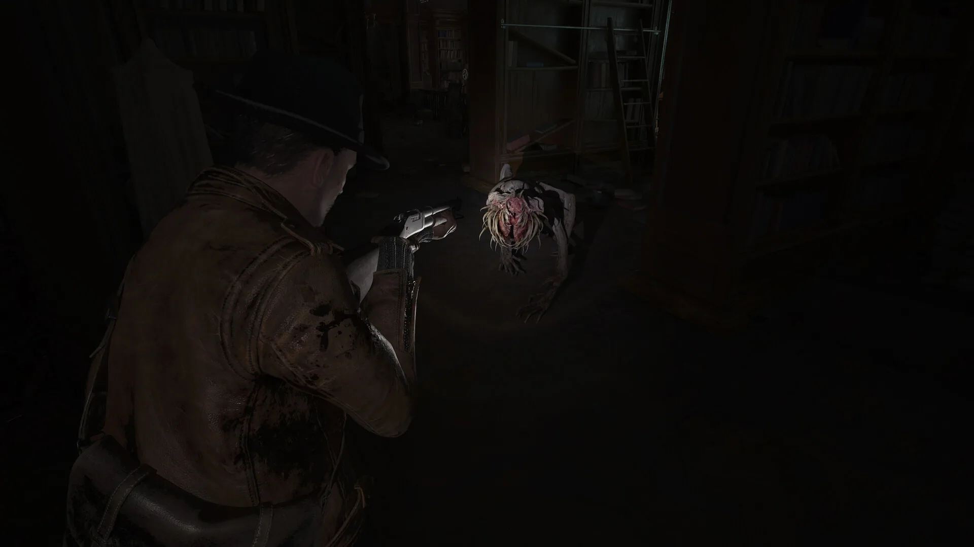 Calvin Rafferty aims a shotgun at a crawling, jaw-split creature among library shelves