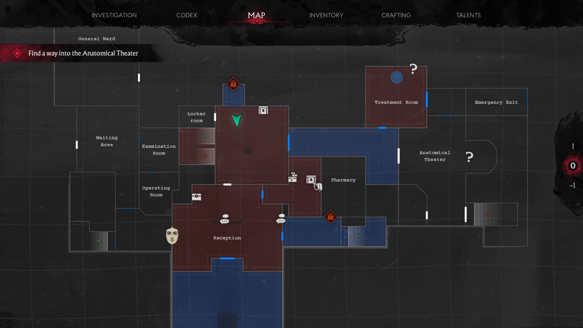 In-game map of the General Ward showing Reception, Pharmacy, Anatomical Theater and the objective Find a way into the Anatomical Theater