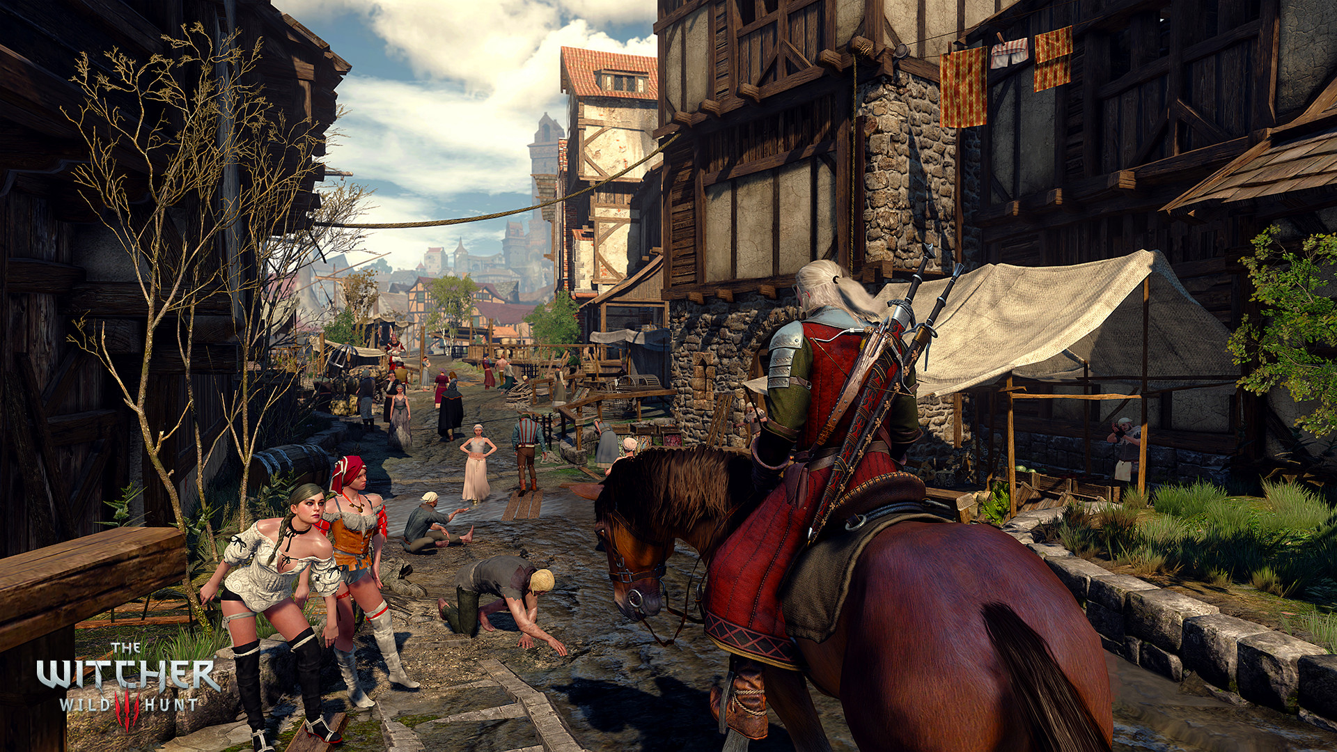 Steam gallery still: Geralt on a brown horse riding a busy timber-framed town street past townsfolk.