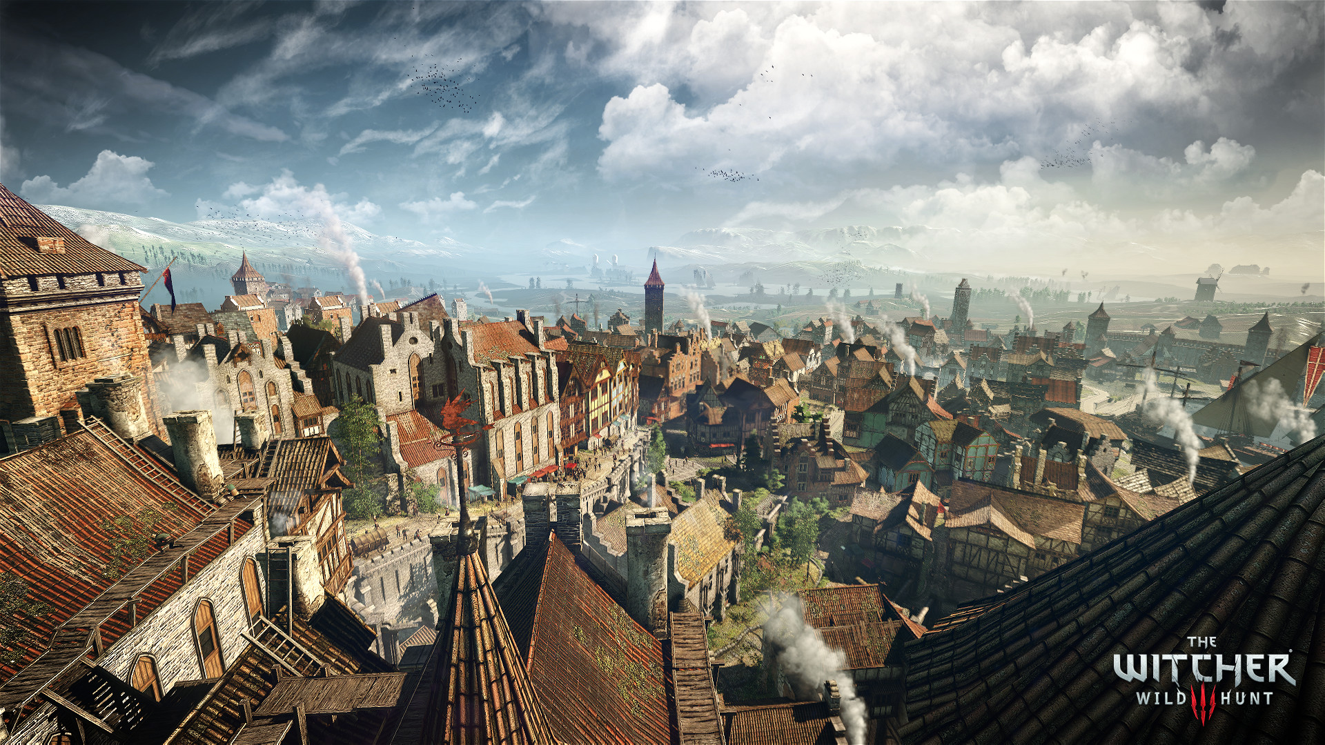 Steam gallery still: rooftop view of a dense medieval city with smoking chimneys, a clock tower, and countryside beyond.