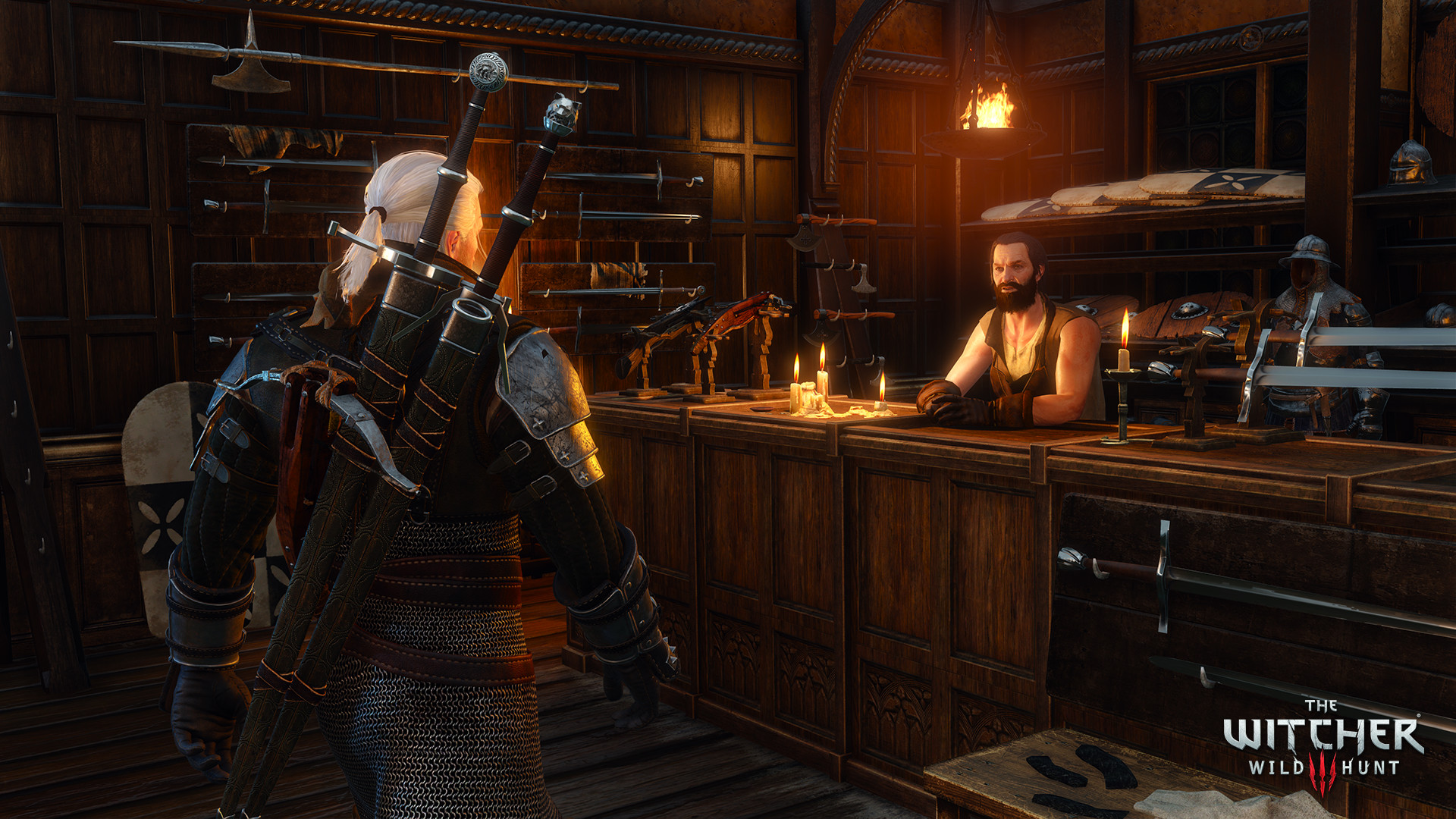 Steam gallery still: Geralt at a candlelit weapon-shop counter facing a bearded merchant, with swords and a crossbow on the wall.