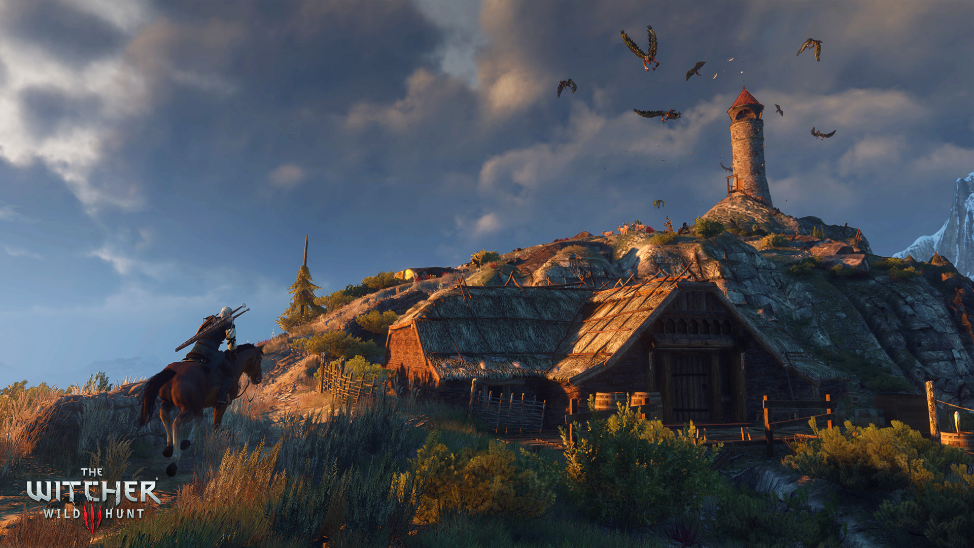 Steam gallery still: Geralt riding a brown horse toward a thatched homestead and stone tower on a hill, with birds circling.