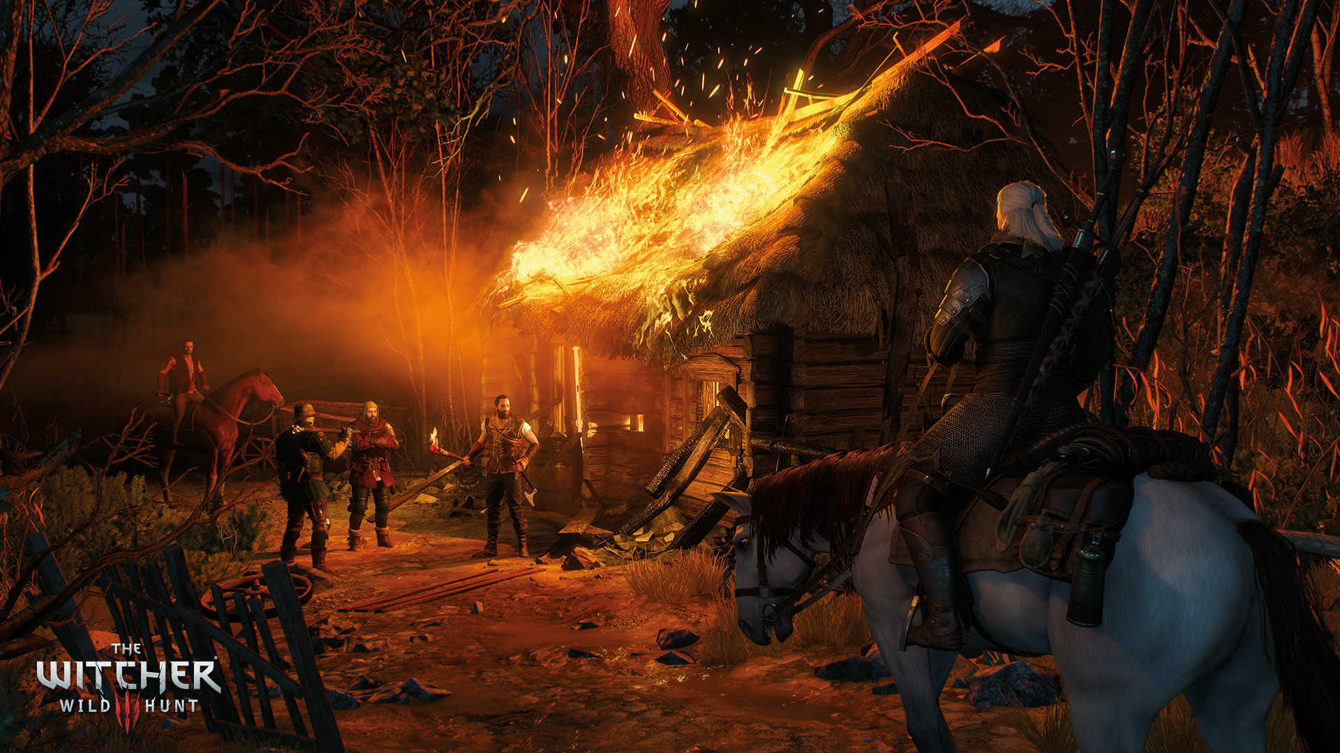 Steam gallery still: Geralt on a white horse at night watching a thatched hut on fire; three men and another rider stand nearby.