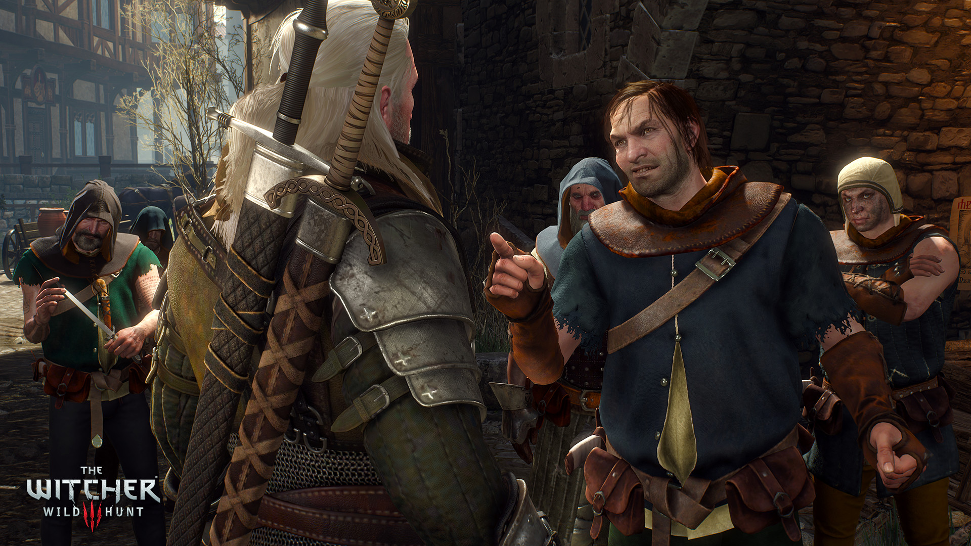 Steam gallery still: Geralt talking with a pointing townsman in a blue tunic, with other villagers in a stone alley.