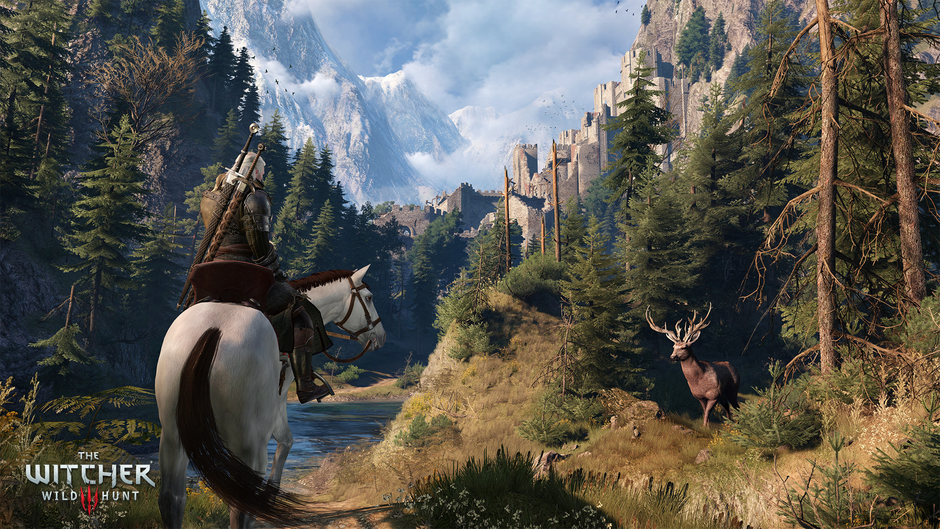 Steam gallery still: Geralt on a white horse in a forest valley facing a stag, with a mountain castle beyond.