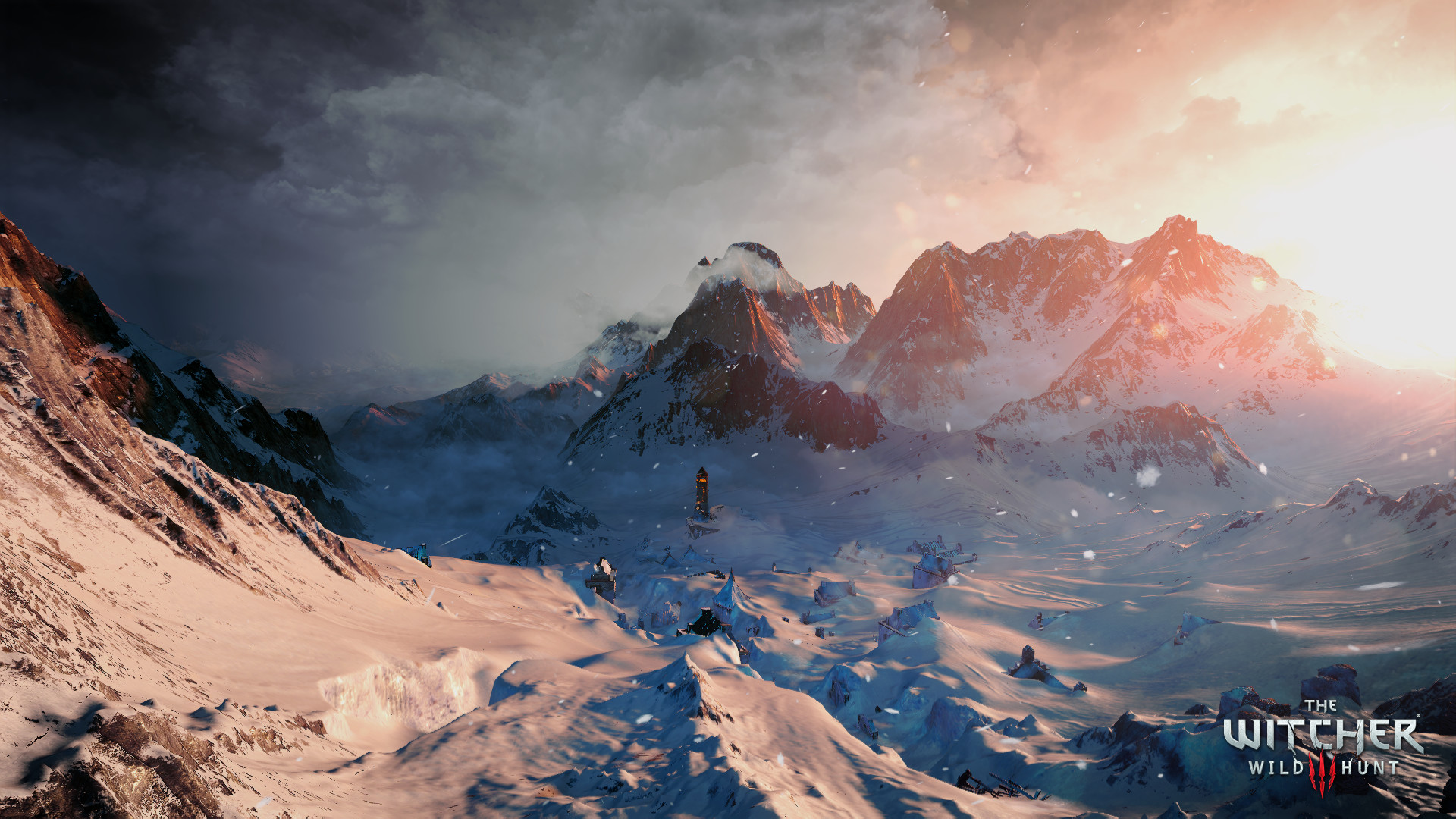 Steam gallery still: snowy mountain valley at sunset with a small keep and falling snow.