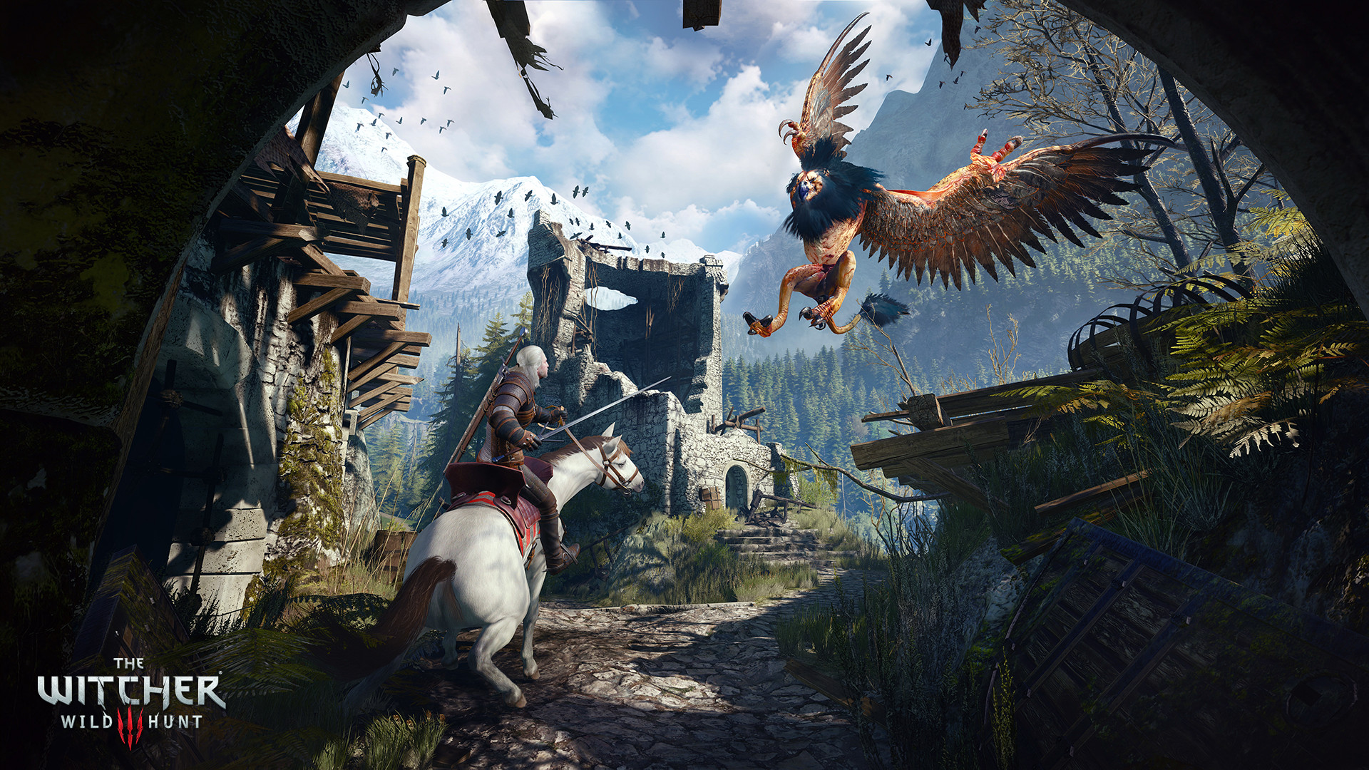 Steam gallery still: Geralt on a white horse under a stone arch, sword drawn, facing a winged griffin-like monster over ruined towers and mountains.