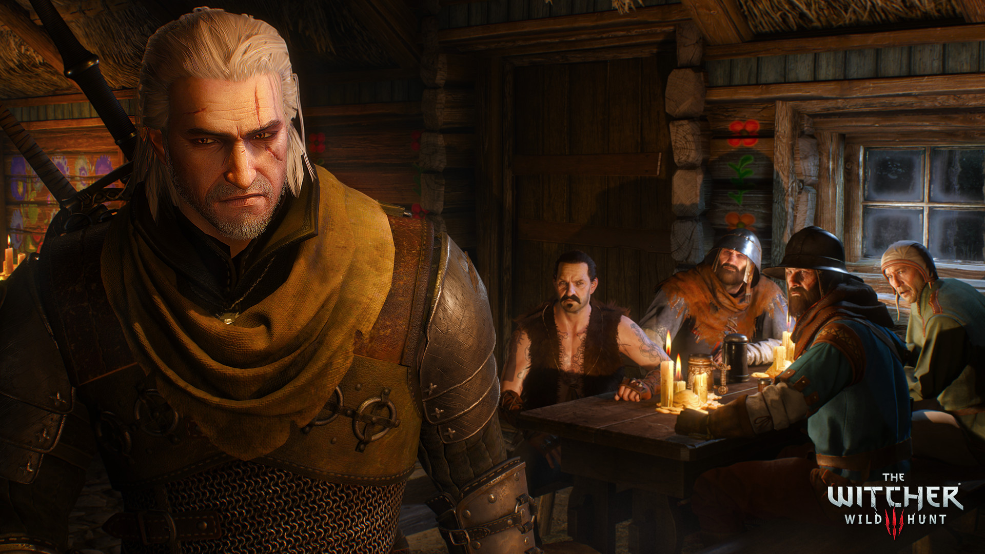 Steam gallery still: close-up of Geralt in a candlelit log tavern while four men sit at a table with candles.