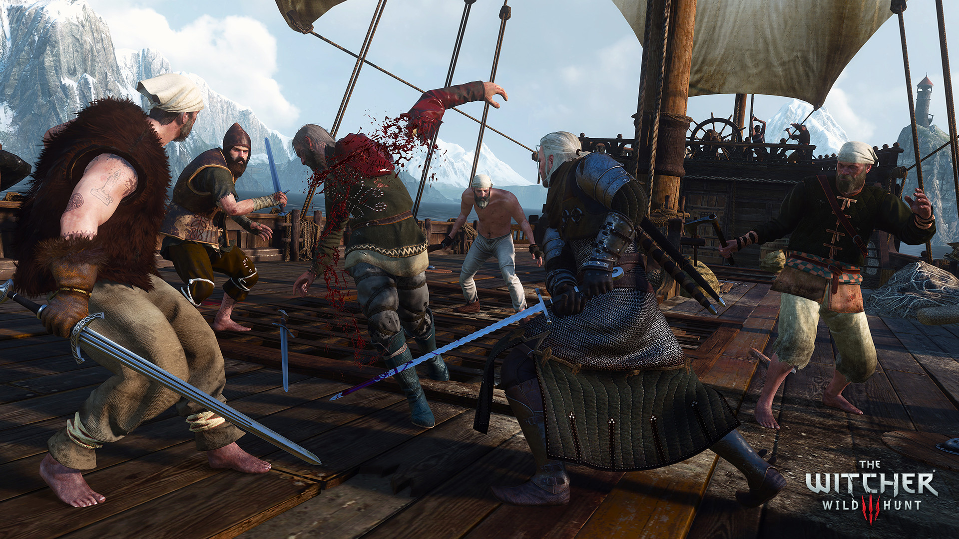 Steam gallery still: Geralt in chainmail fighting several swordsmen on a ship deck with snowy mountains behind.