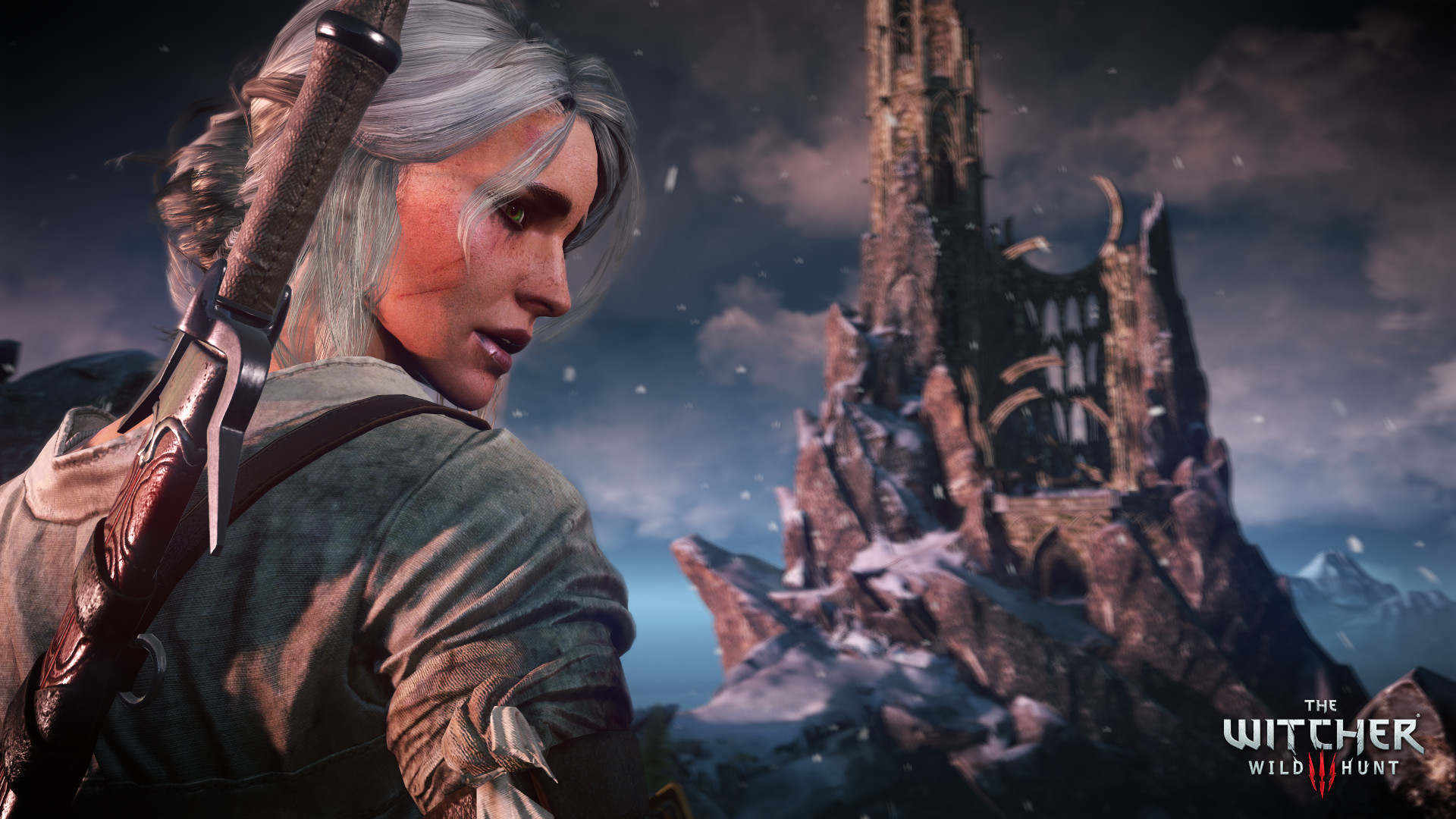 Steam gallery still: ashen-haired Ciri looking back toward a ruined mountain fortress in falling snow.