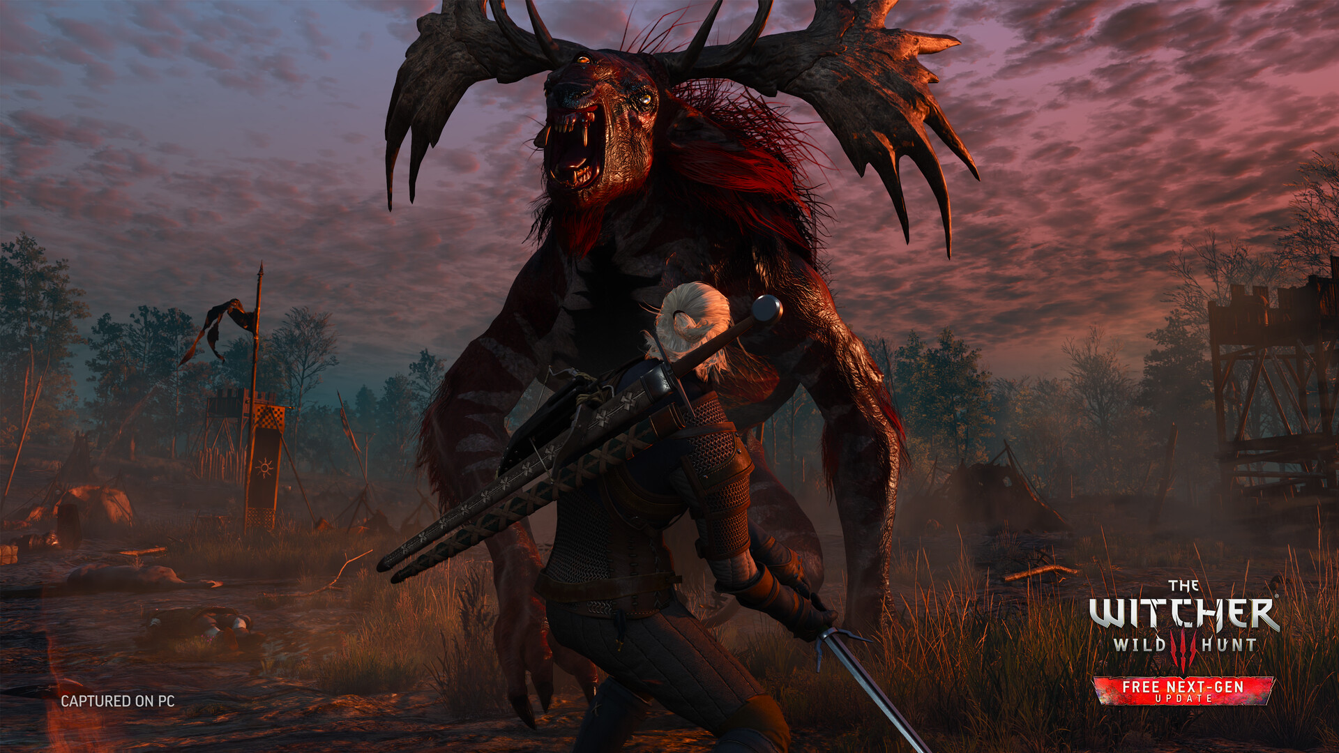 Steam screenshot captured on PC with Free Next-Gen Update badge: Geralt fighting a huge antlered fiend at sunset.