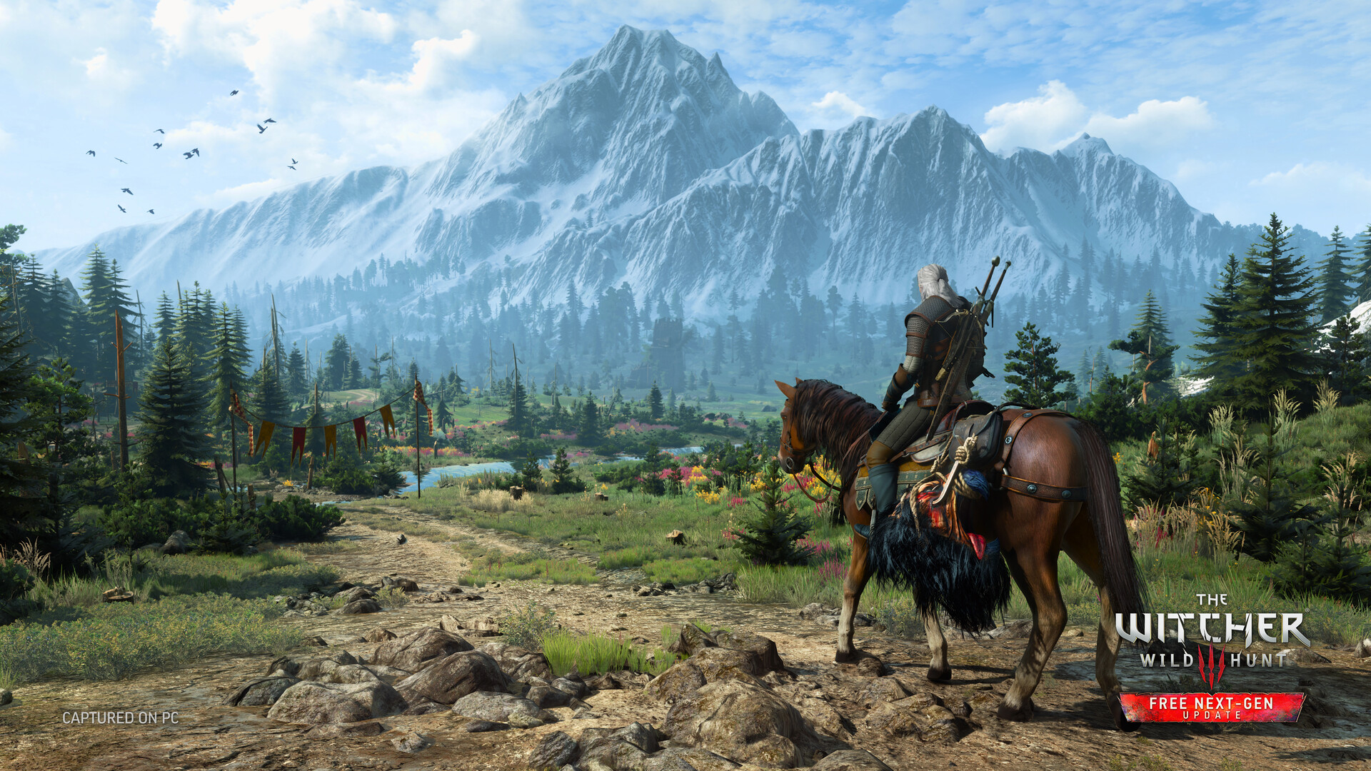 Steam screenshot captured on PC with Free Next-Gen Update badge: Geralt on Roach facing a snowcapped mountain and flowered valley.