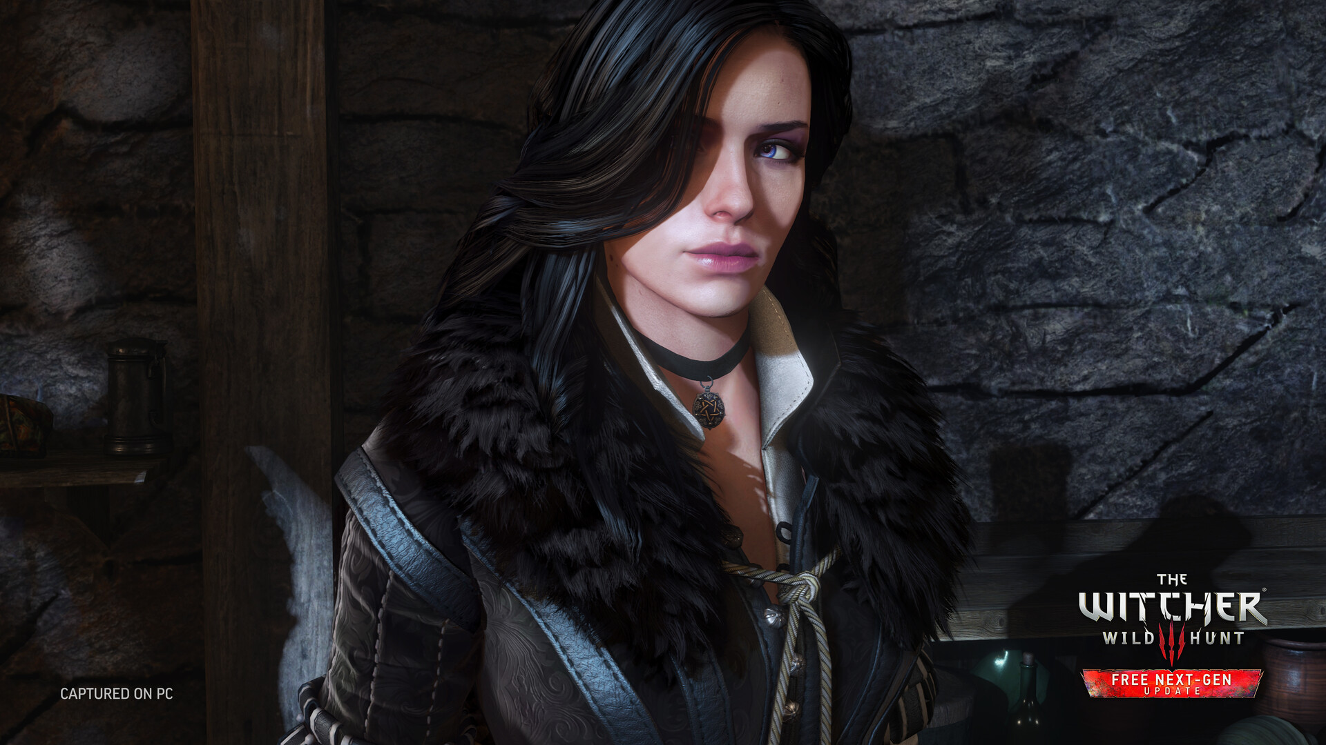 Steam screenshot captured on PC with Free Next-Gen Update badge: close-up of Yennefer indoors with a pendant and fur collar.
