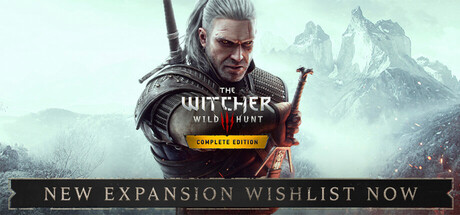 Steam header: Geralt with swords, Complete Edition badge, and New Expansion Wishlist Now ribbon.