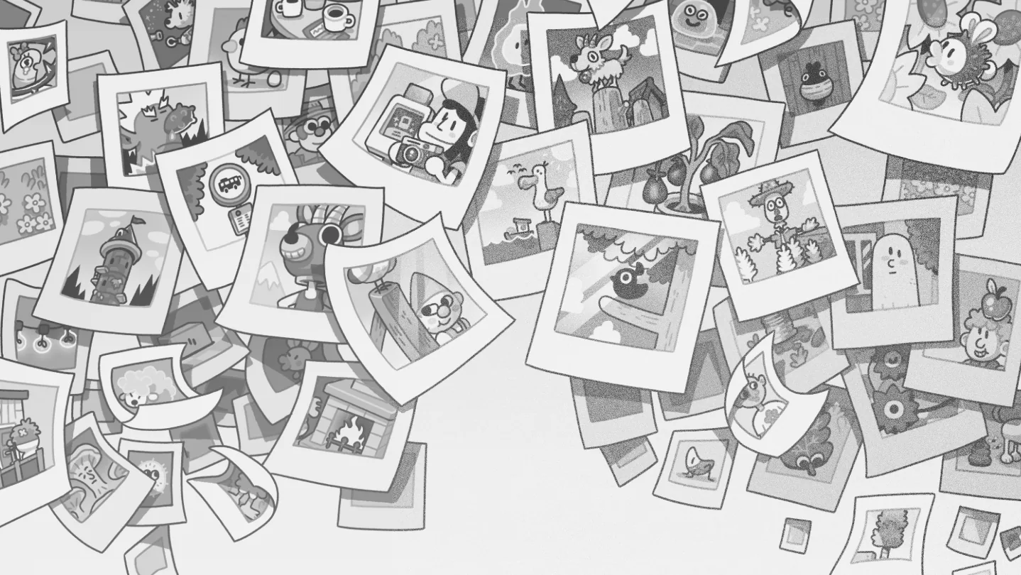 Scattered Polaroid-style photos from official store background art