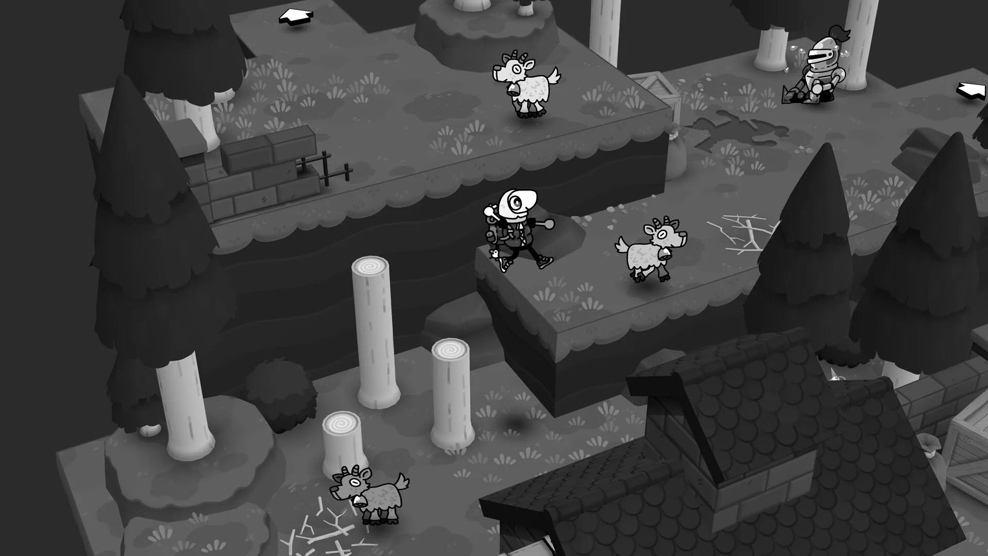 Isometric forest route with cut trunks, sheep, and a dirt path
