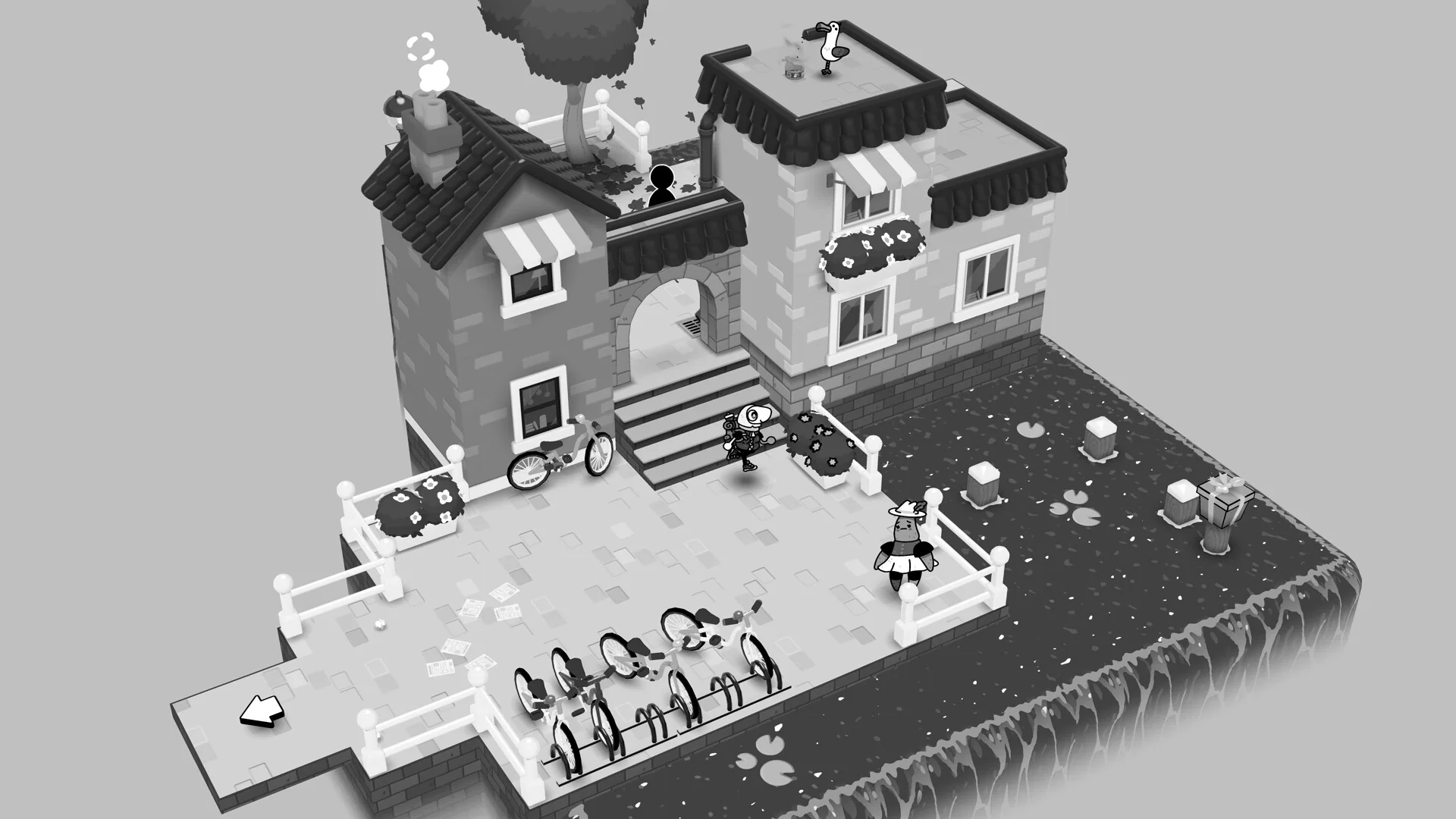 Compact isometric town on a floating-edged island