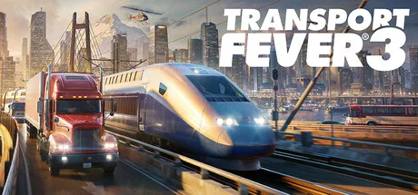 Steam key art: red truck and silver high-speed train on a city viaduct under the Transport Fever 3 wordmark