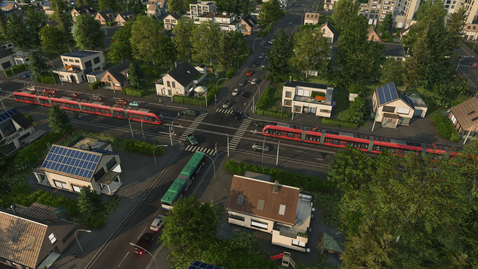 Red tram crossing a leafy residential intersection with solar-roof houses