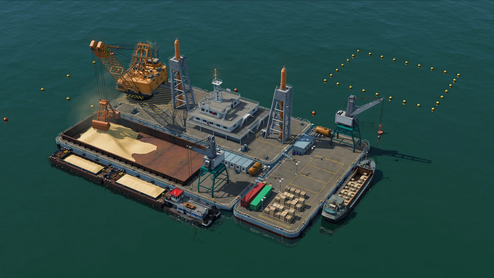 Offshore barge with cranes, sand cargo and circular fish cages