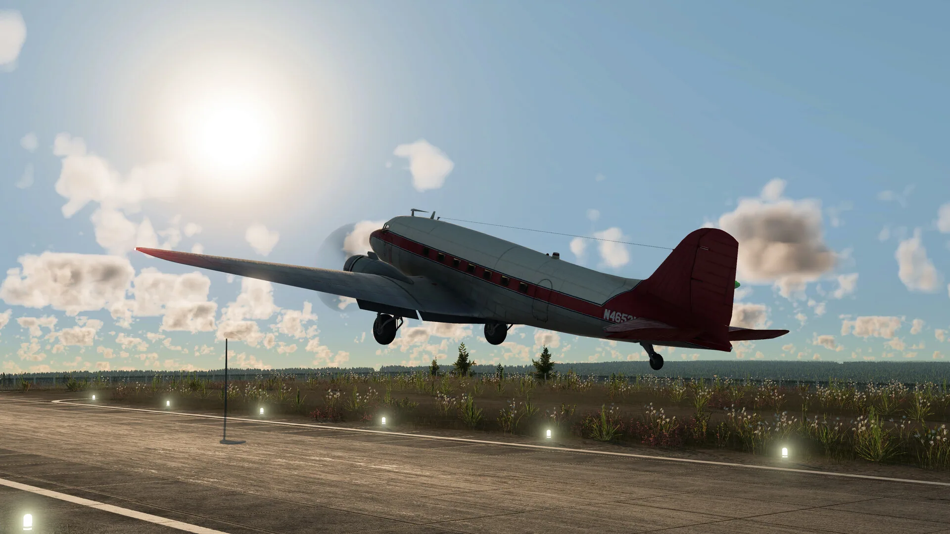 Vintage silver-and-red propeller airliner lifting off a runway