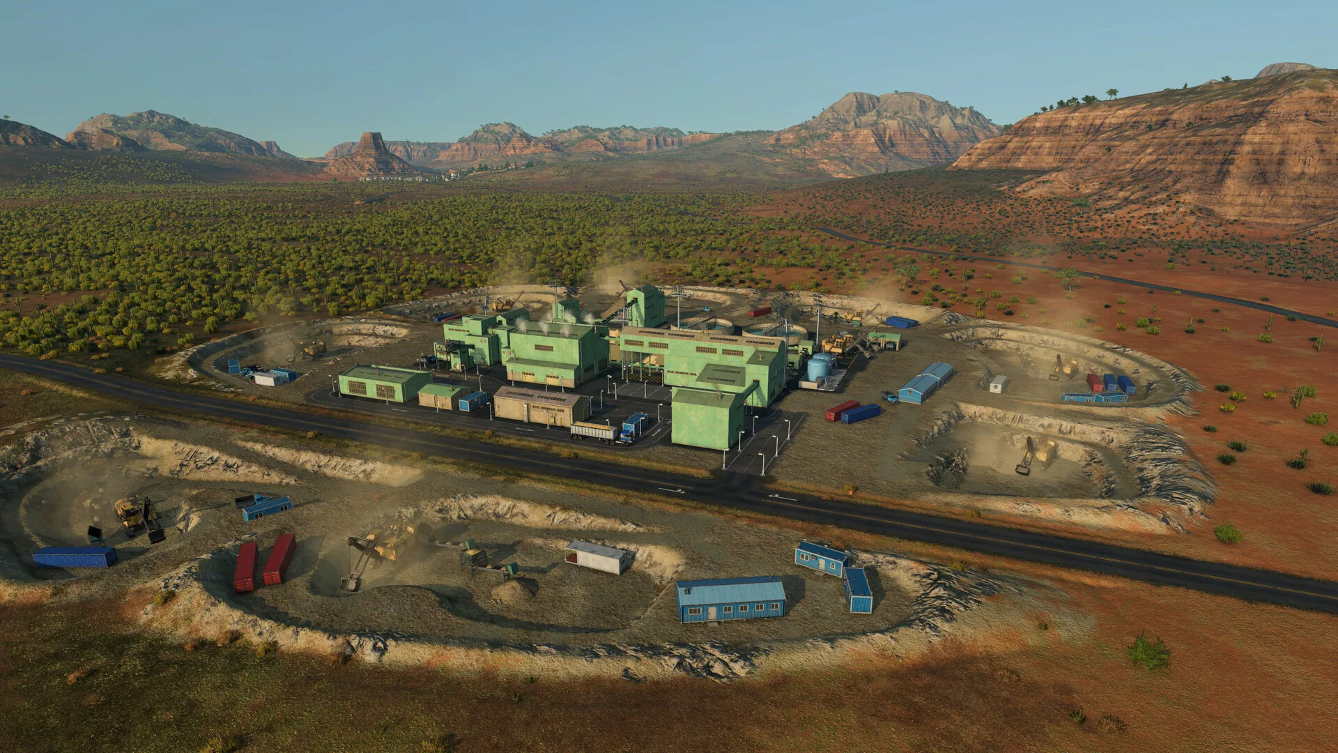 Green processing plant in a red-rock desert quarry