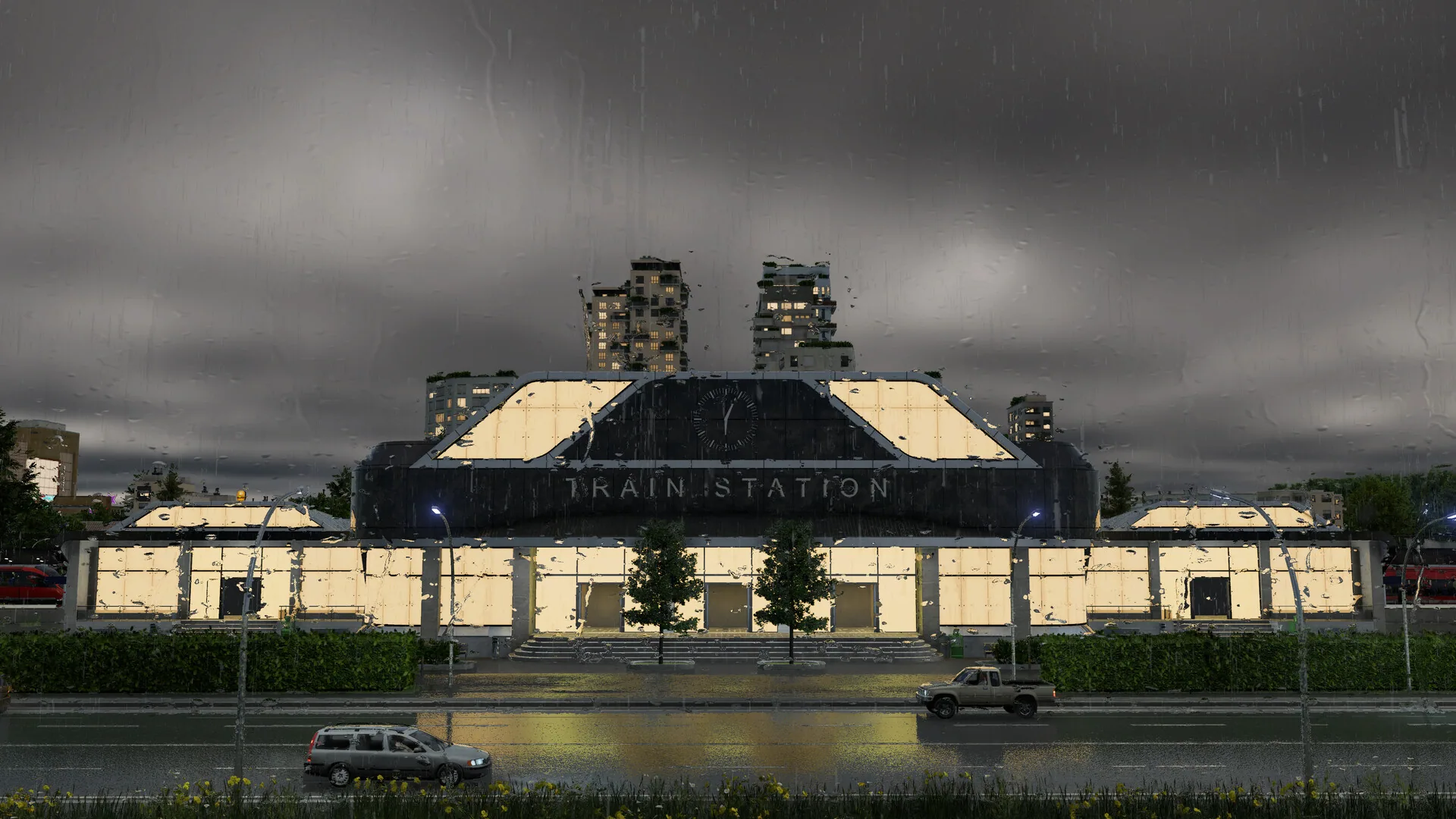 Rainy night view of a modern TRAIN STATION glass facade