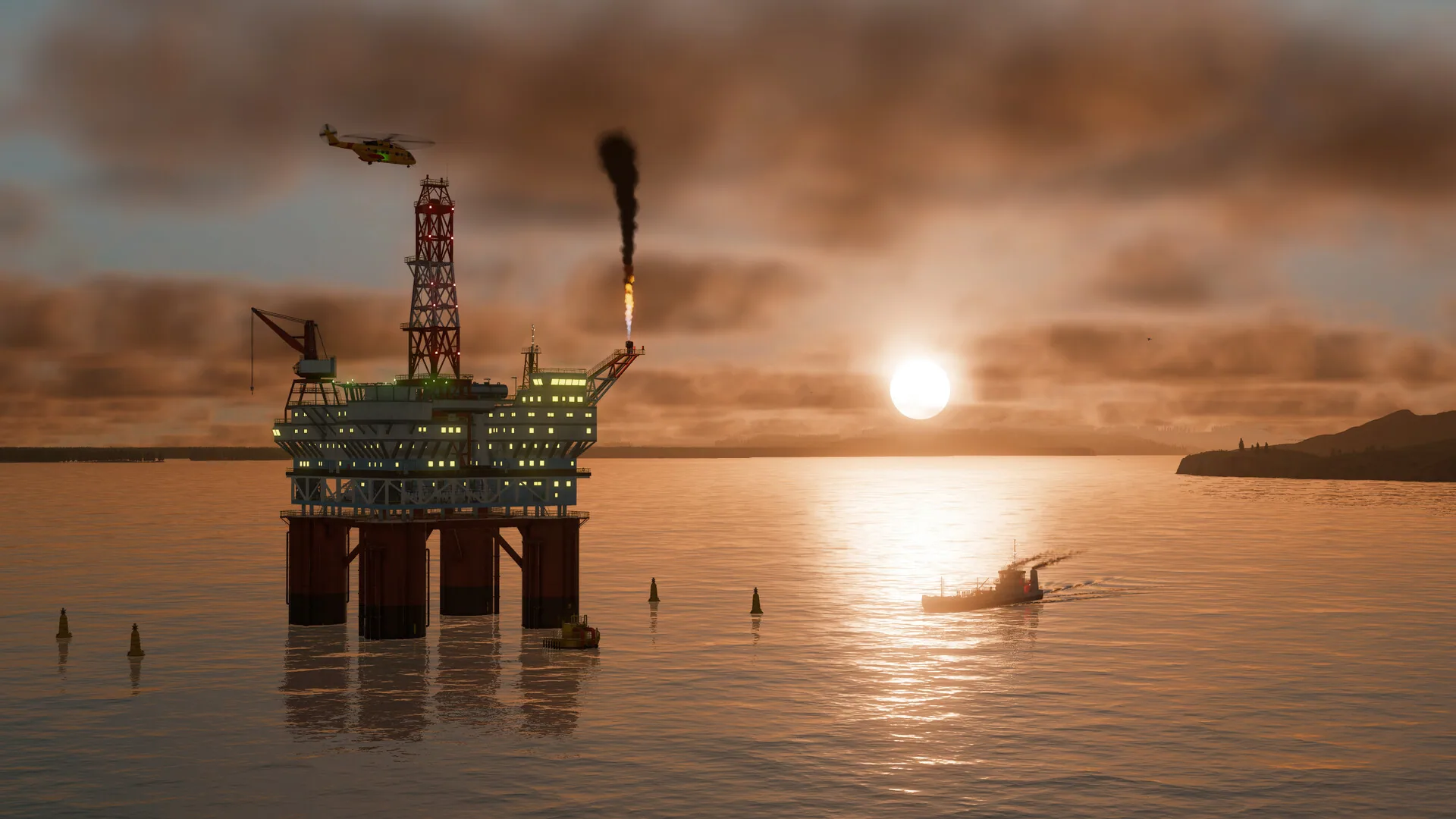 Oil platform at sunset with a helicopter overhead and a supply boat