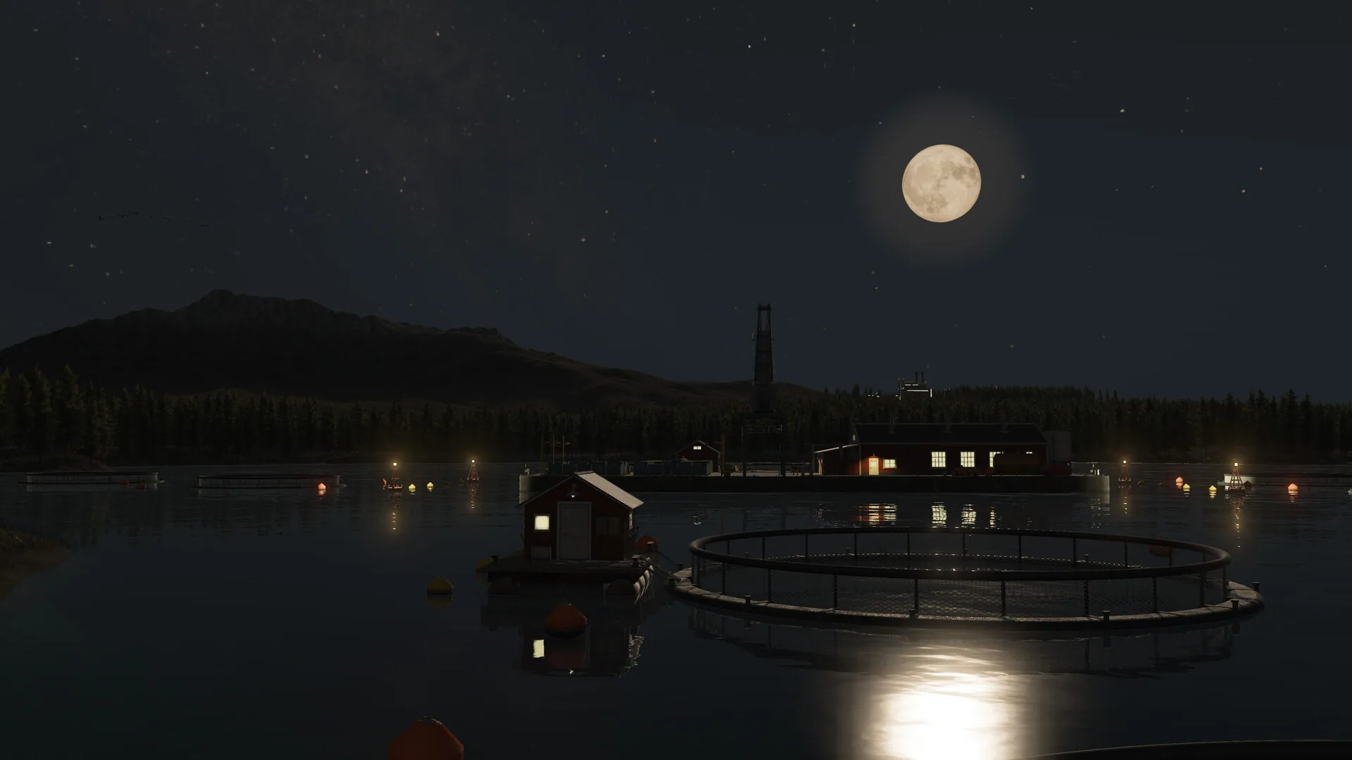 Moonlit fish-farm cages on a subarctic lake