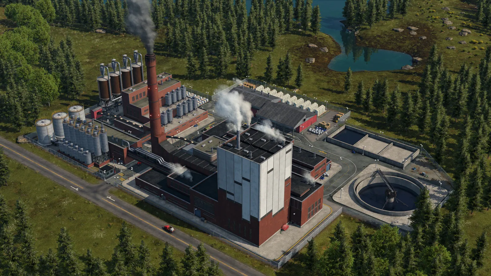 Brick-and-steel factory with stacks beside northern forest lakes