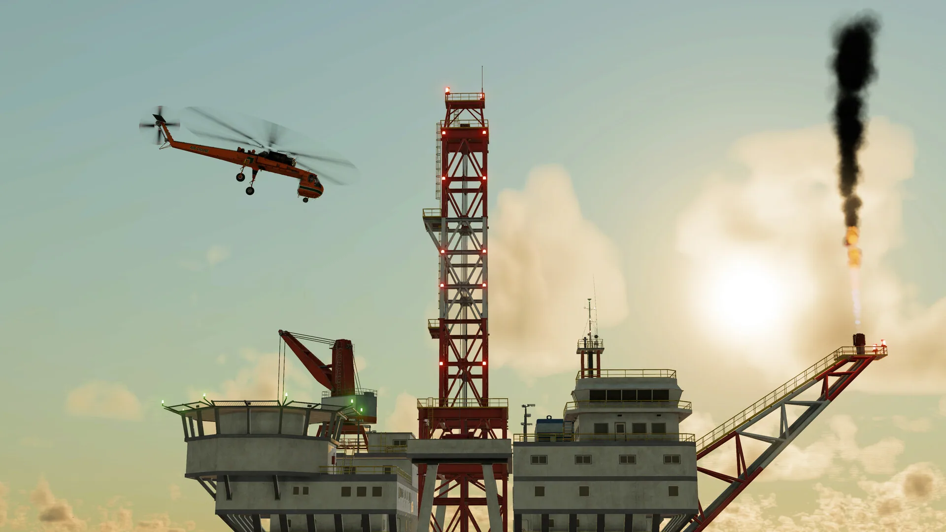 Orange helicopter approaching a red-and-white offshore derrick