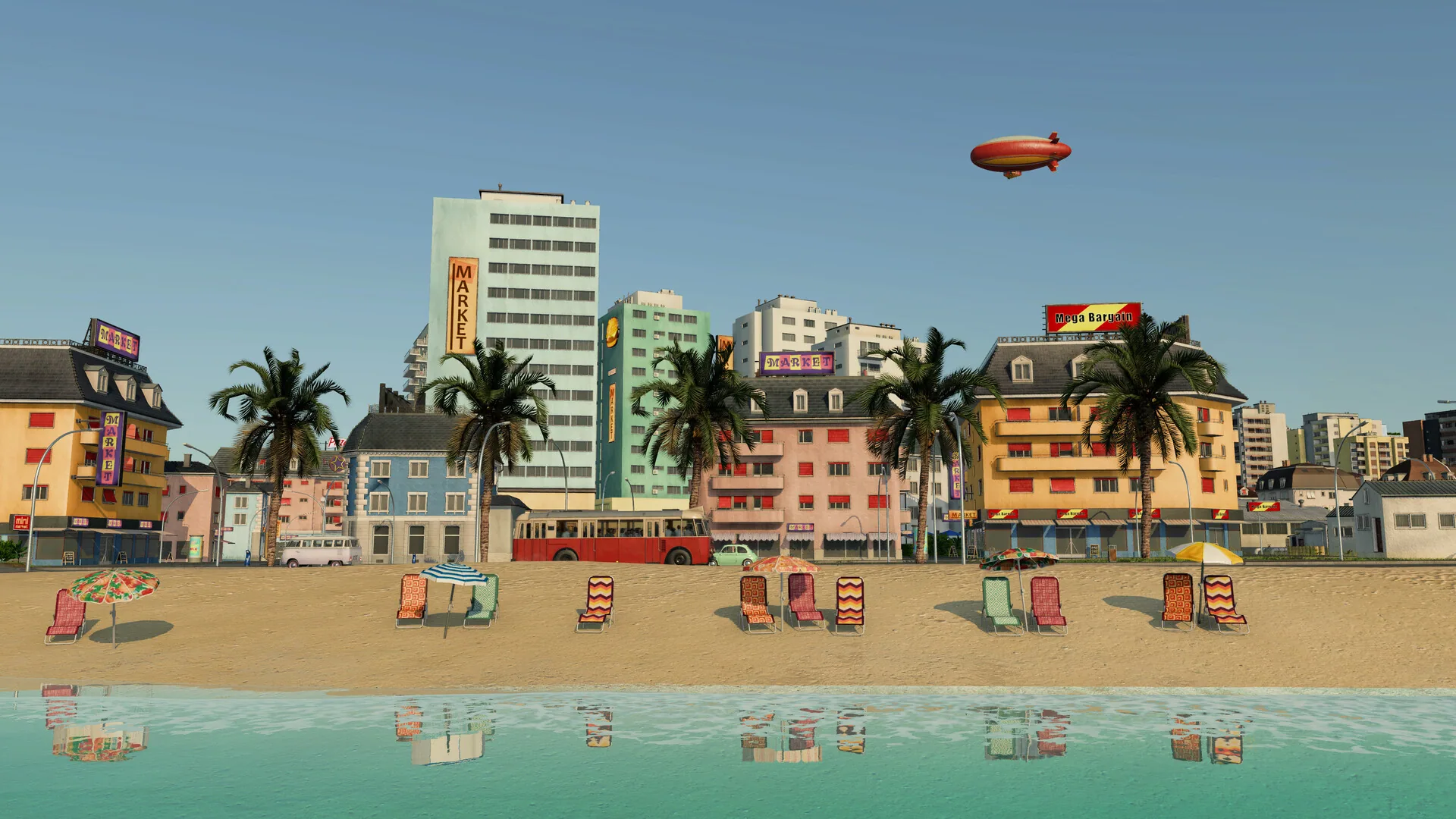 Tropical beachfront city with a red bus, palm trees and a blimp