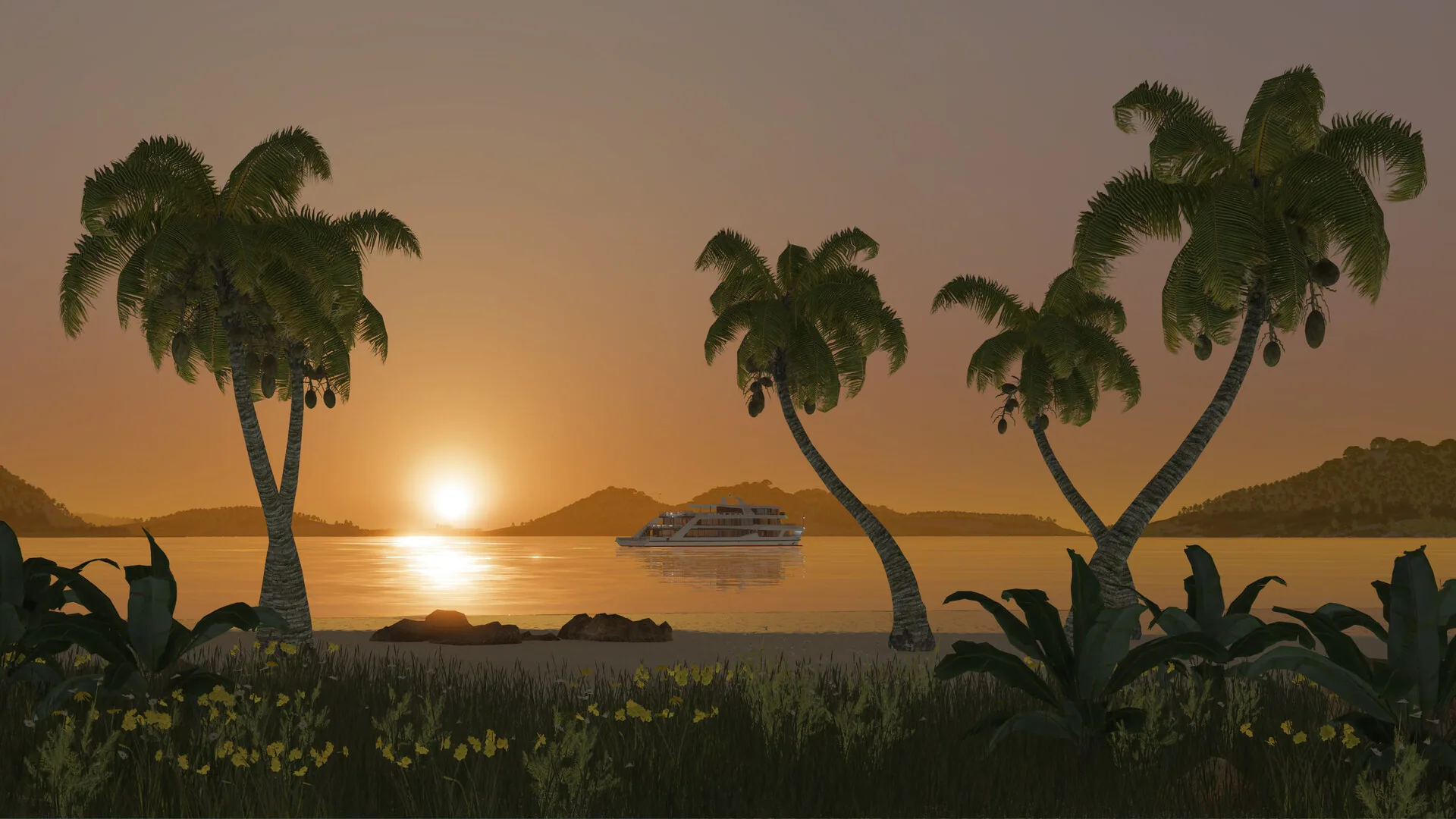 Passenger ship at tropical sunset between leaning palm trees