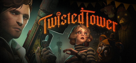 Steam header key art: a man with a toy gun, a tear-streaked woman in a striped top, a teddy bear, a giraffe, and a bird mascot around the Twisted Tower logo.