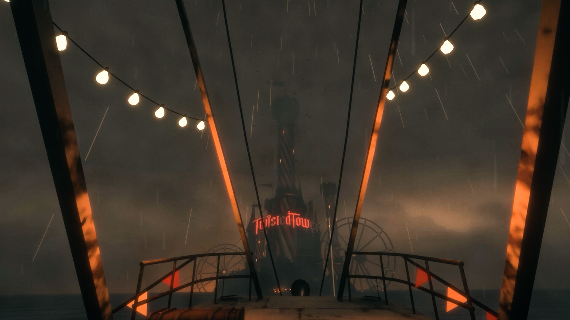 Rain-soaked boardwalk with string lights facing the Twisted Tower neon sign and a Ferris-wheel silhouette over the water.