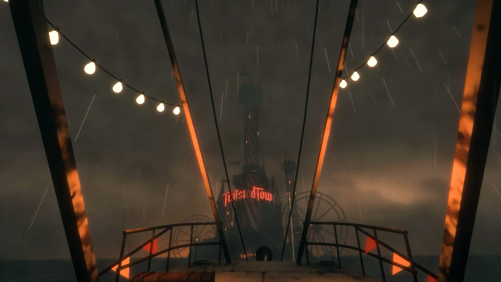 Rain-soaked boardwalk with string lights facing the Twisted Tower neon sign and a Ferris-wheel silhouette over the water.