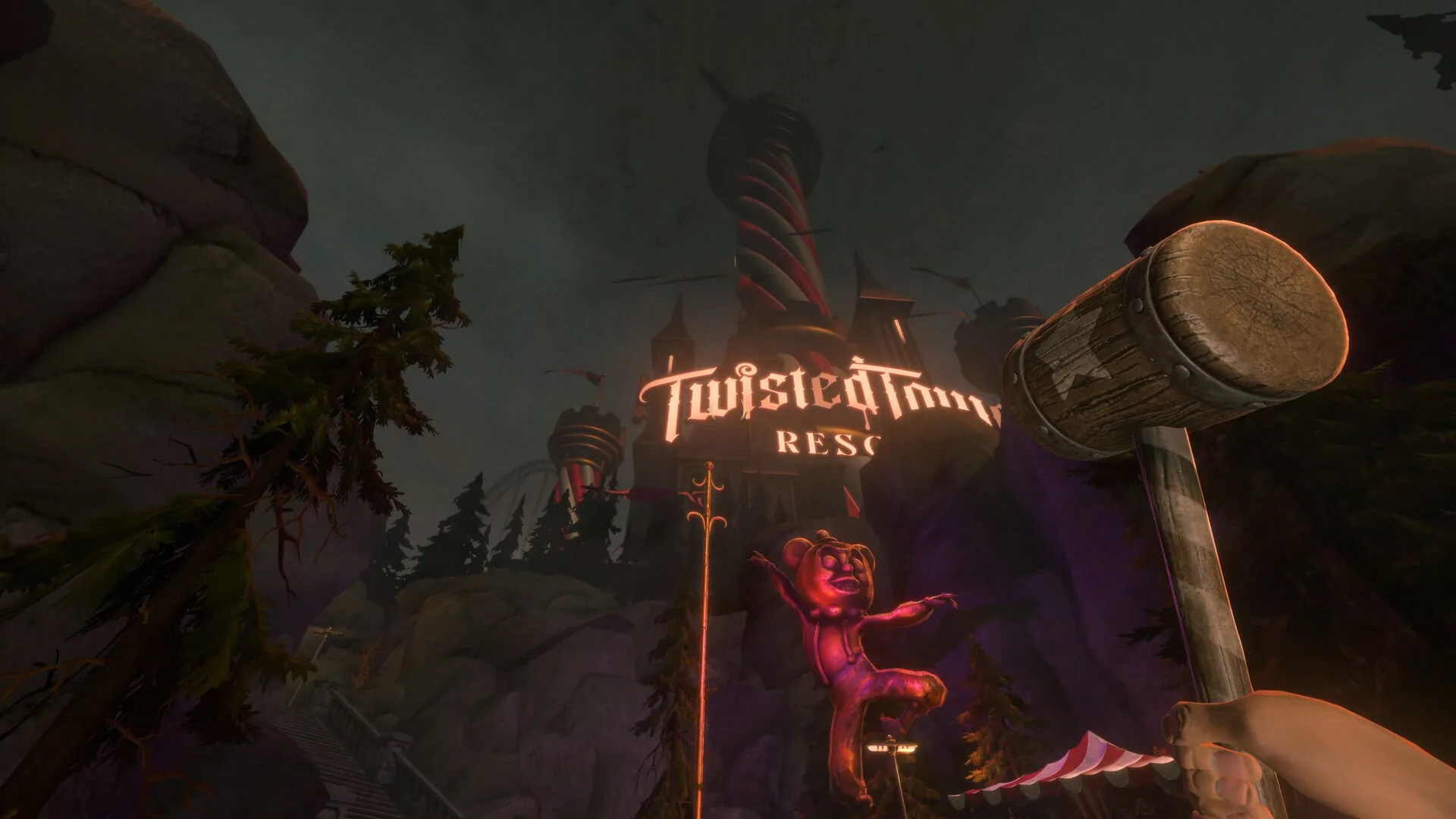 First-person view holding a wooden carnival mallet in front of the Twisted Tower Resort sign and a hanging pink bear mascot.