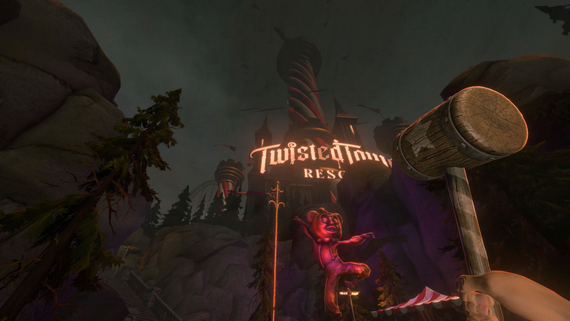 First-person view holding a wooden carnival mallet in front of the Twisted Tower Resort sign and a hanging pink bear mascot.