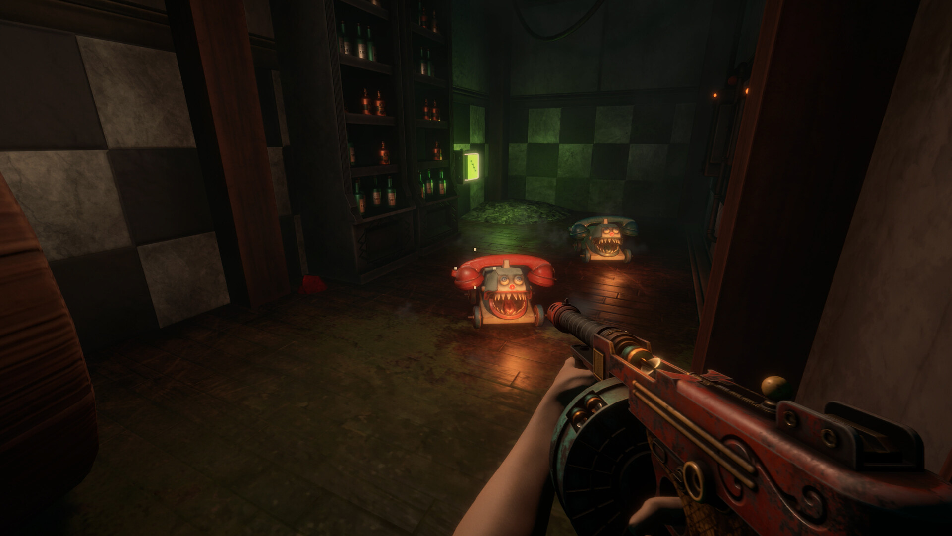 Indoor tiled room with two fanged rotary-phone creatures on the floor and a dart Tommy Gun in the player's hands.