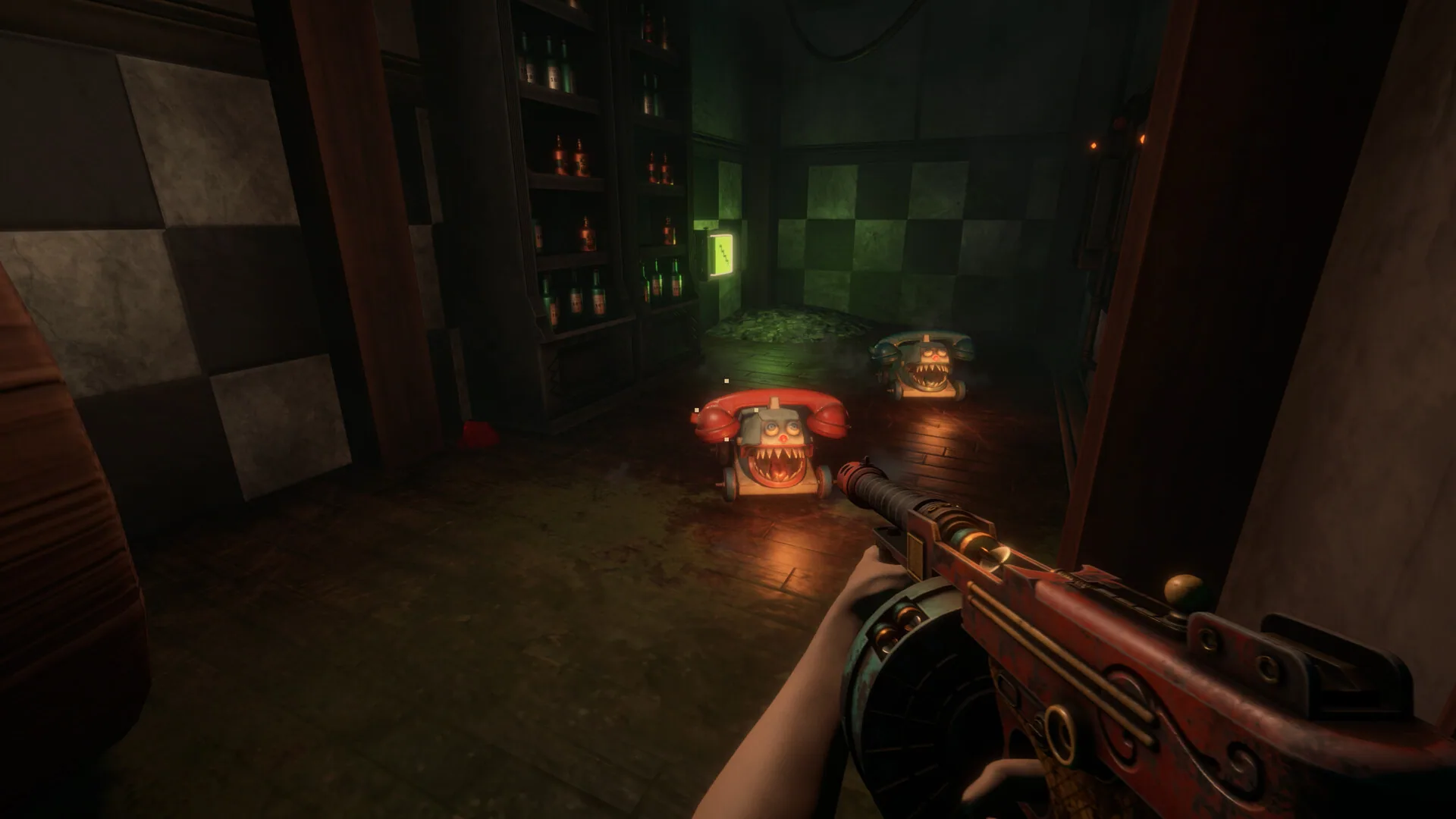 Indoor tiled room with two fanged rotary-phone creatures on the floor and a dart Tommy Gun in the player's hands.
