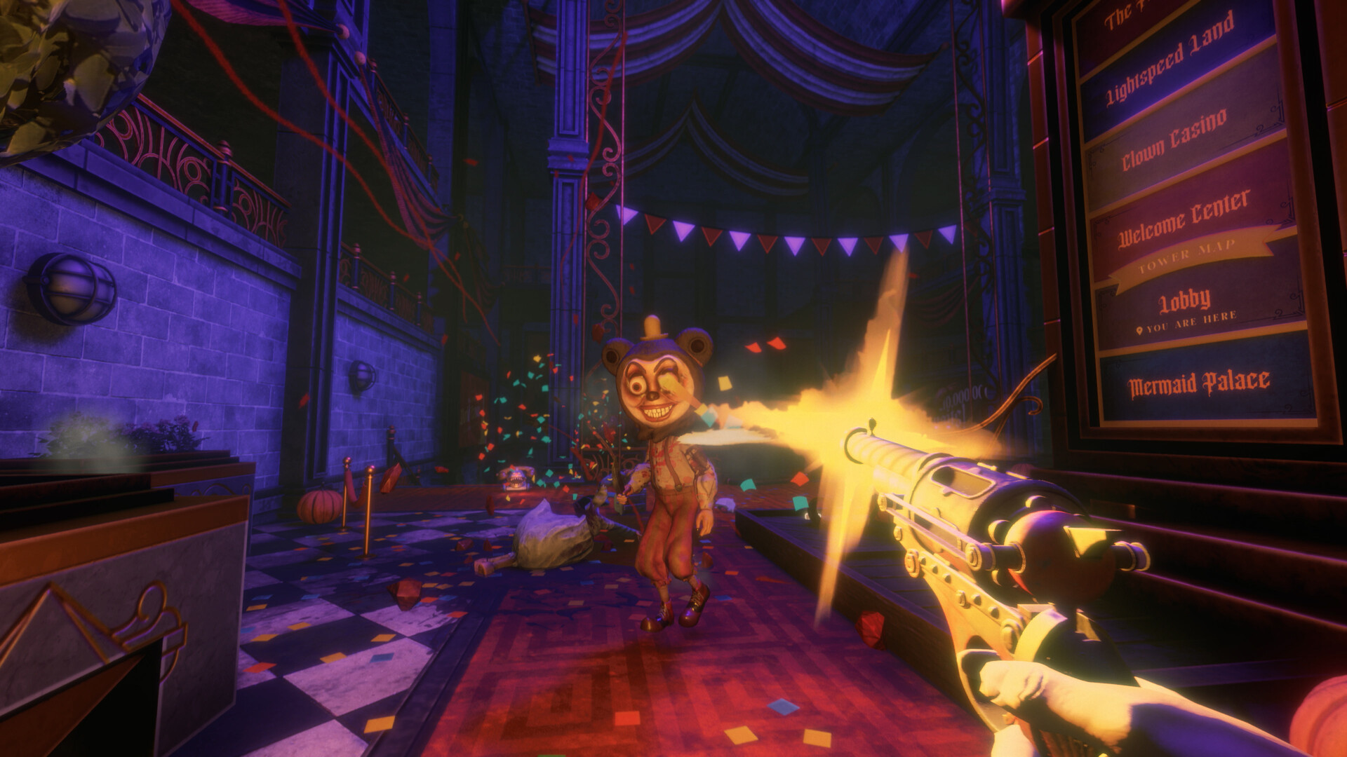 Lobby gunfight with a bear mascot beside a Tower Map listing Lightspeed Land, Clown Casino, Welcome Center, Lobby, and Mermaid Palace.