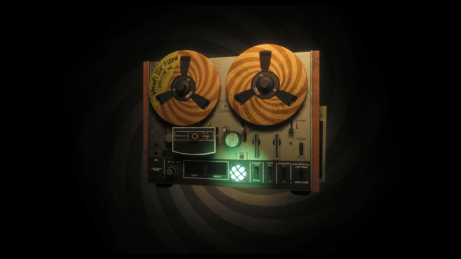 Close-up of a reel-to-reel tape deck whose left reel is labeled Vincent's Story 7:00pm.