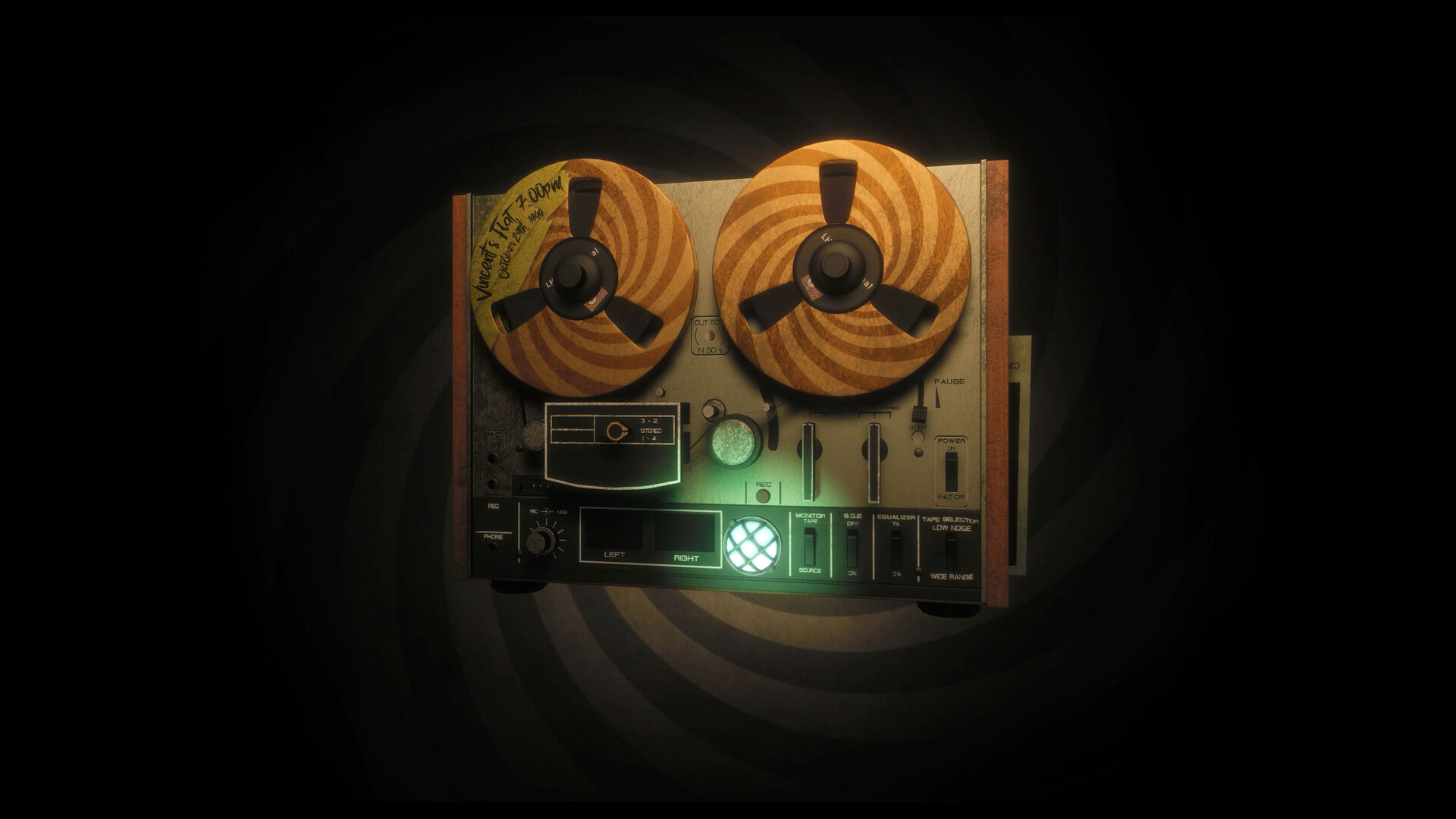Close-up of a reel-to-reel tape deck whose left reel is labeled Vincent's Story 7:00pm.